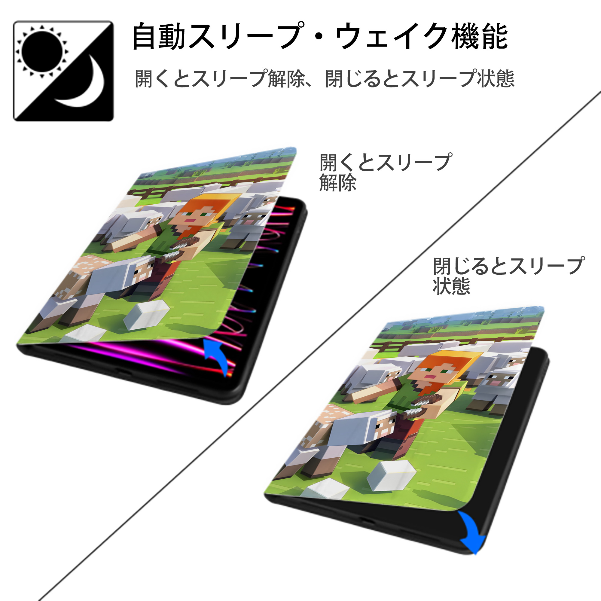 マインクラフト ブロックの世界 Minecraft MC Block world IPad ケース ブック型 PUレザー TPU 耐衝撃 軽量 薄型 ペン収納なし 全面保護 IPad 各モデル対応