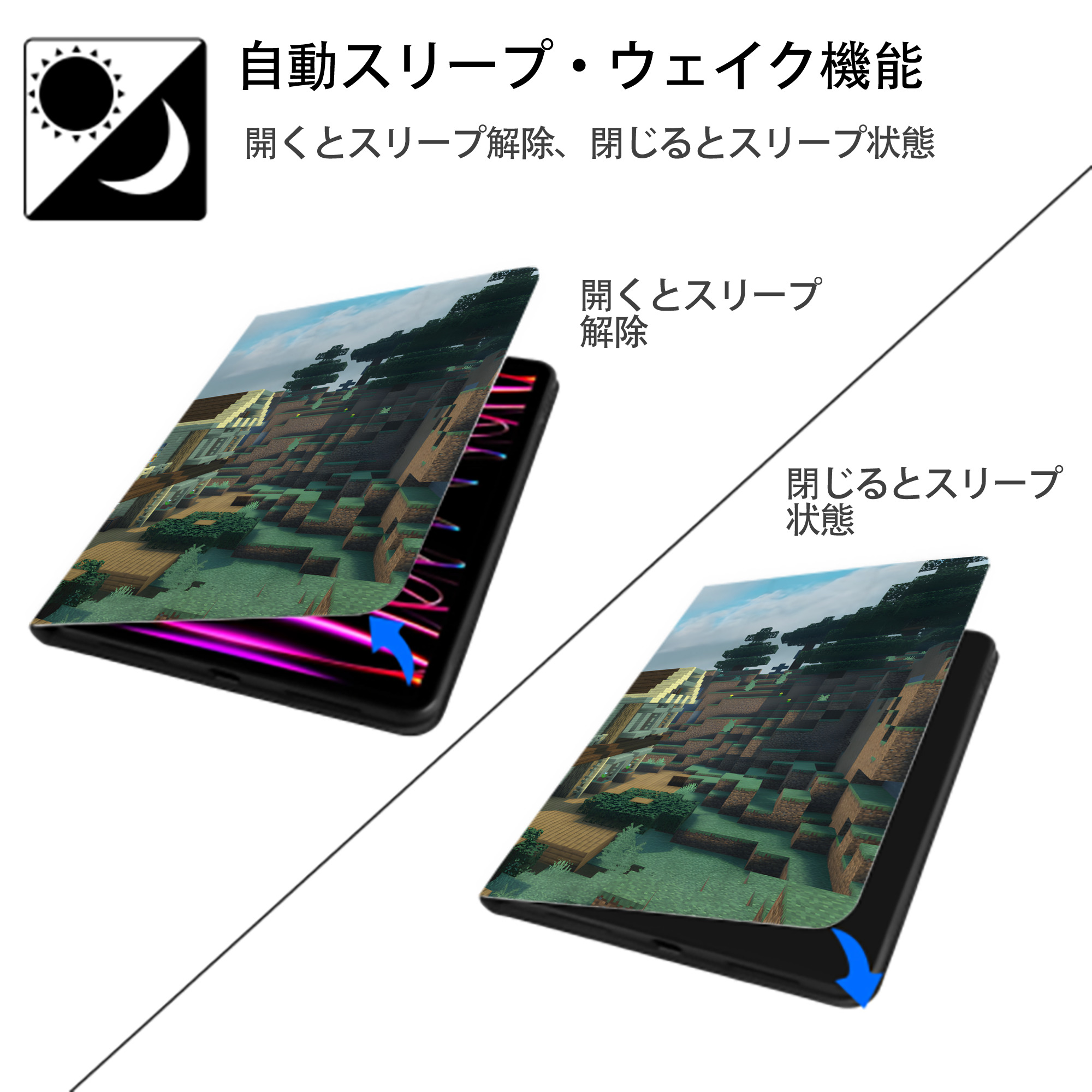 マインクラフト ブロックの世界 Minecraft MC Block world IPad ケース ブック型 PUレザー TPU 耐衝撃 軽量 薄型 ペン収納なし 全面保護 IPad 各モデル対応