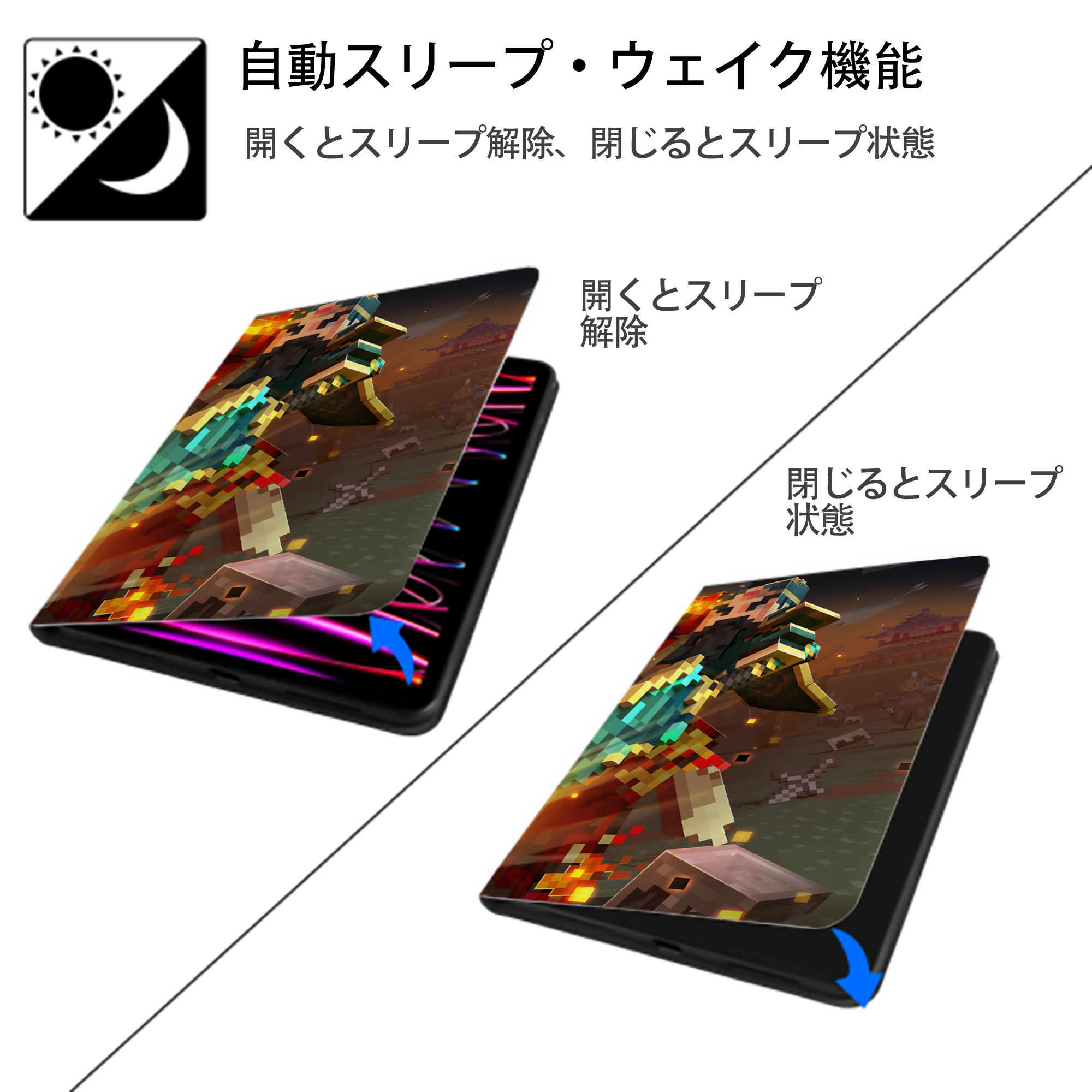 マインクラフト ブロックの世界 Minecraft MC Block world IPad ケース ブック型 PUレザー TPU 耐衝撃 軽量 薄型 ペン収納なし 全面保護 IPad 各モデル対応