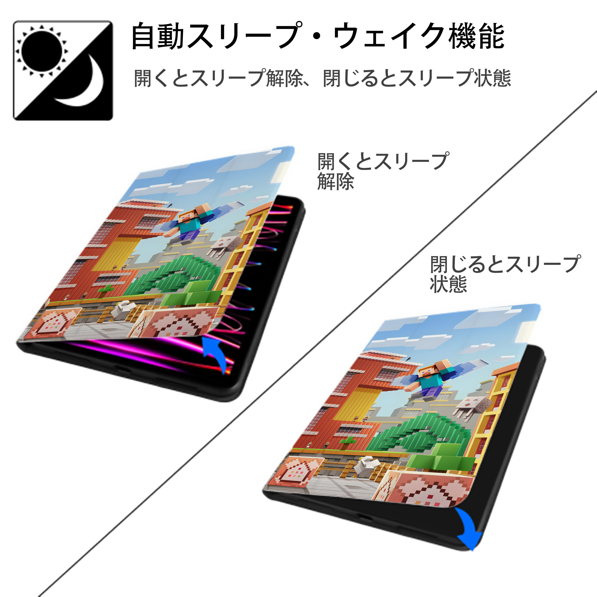 マインクラフト ブロックの世界 Minecraft MC Block world IPad ケース ブック型 PUレザー TPU 耐衝撃 軽量 薄型 ペン収納なし 全面保護 IPad 各モデル対応