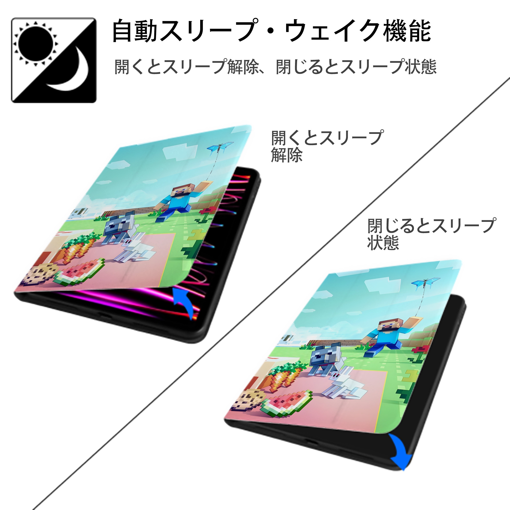 マインクラフト ブロックの世界 Minecraft MC Block world IPad ケース ブック型 PUレザー TPU 耐衝撃 軽量 薄型 ペン収納なし 全面保護 IPad 各モデル対応