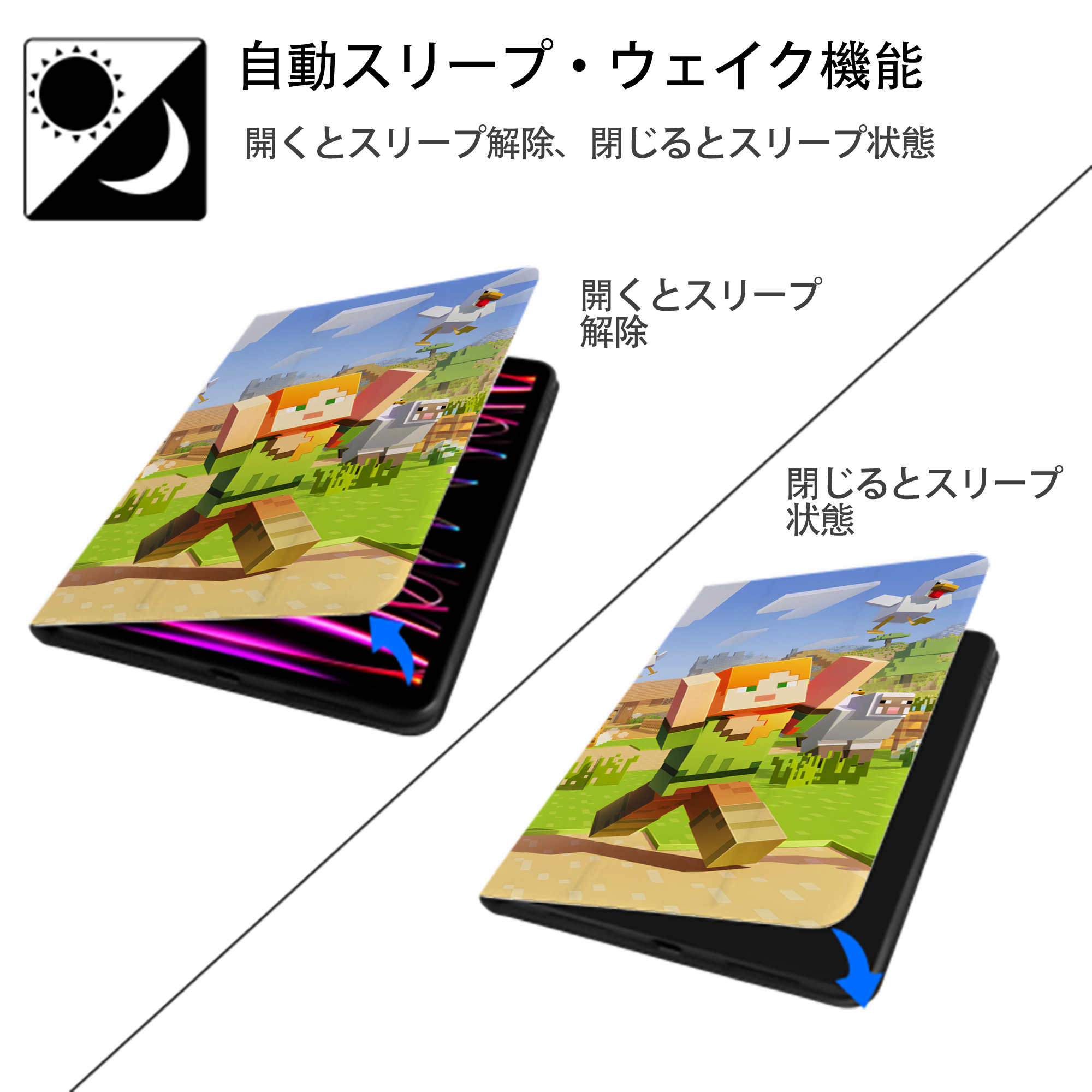 マインクラフト ブロックの世界 Minecraft MC Block world IPad ケース ブック型 PUレザー TPU 耐衝撃 軽量 薄型 ペン収納なし 全面保護 IPad 各モデル対応