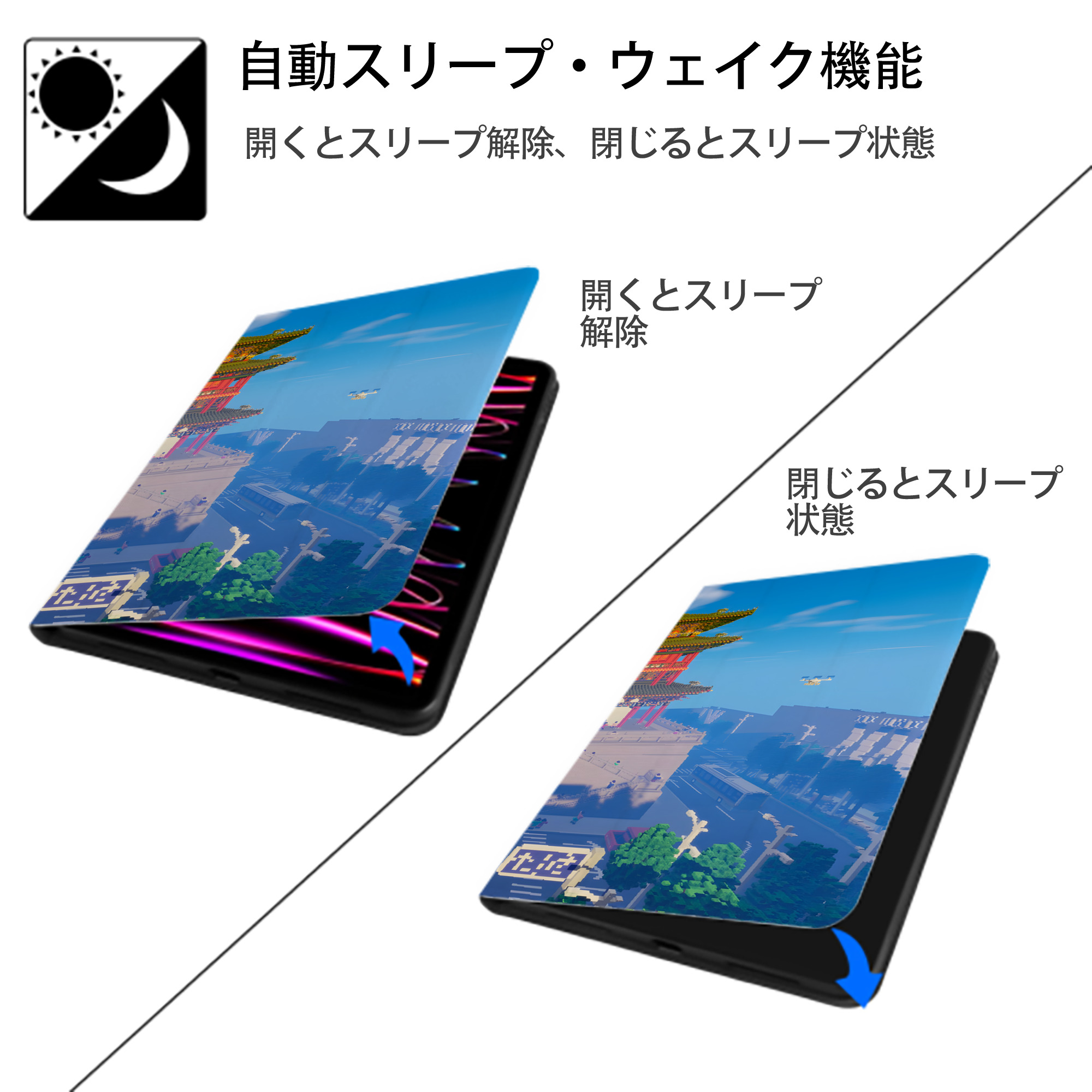マインクラフト ブロックの世界 Minecraft MC Block world IPad ケース ブック型 PUレザー TPU 耐衝撃 軽量 薄型 ペン収納なし 全面保護 IPad 各モデル対応