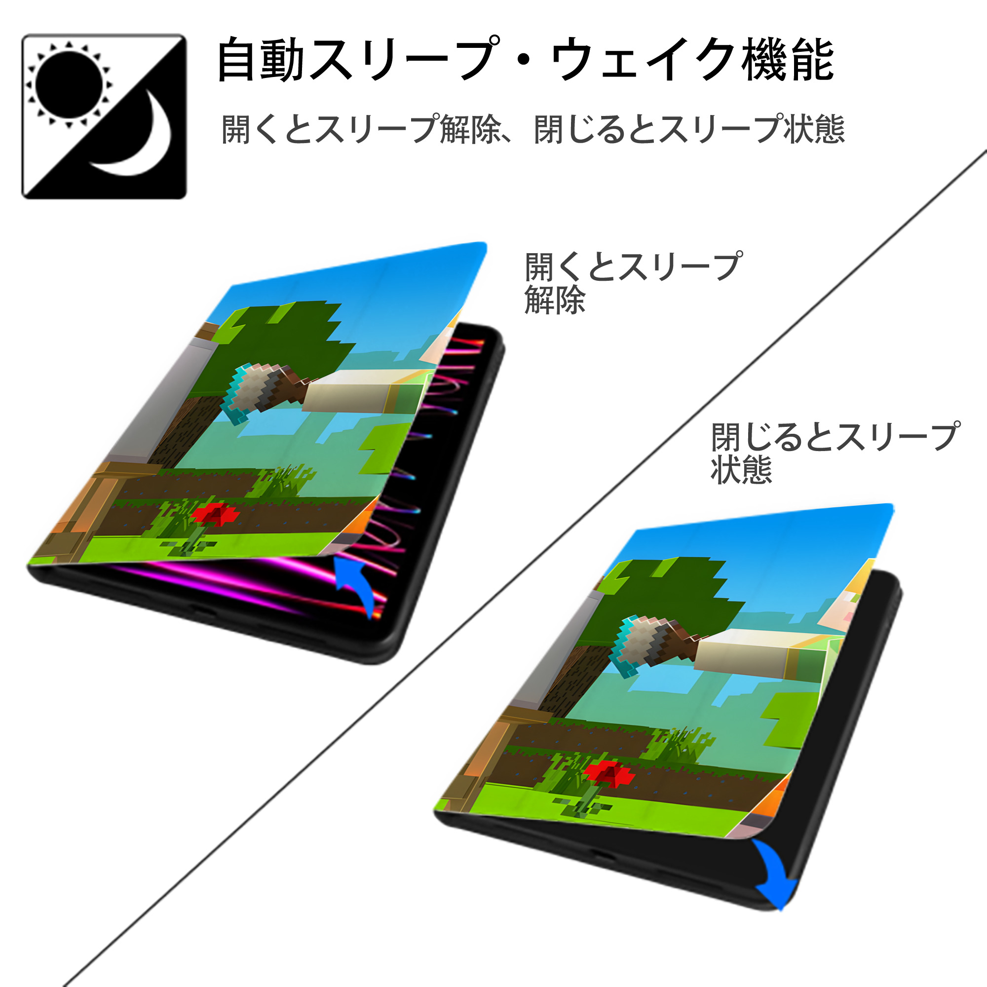 マインクラフト ブロックの世界 Minecraft MC Block world IPad ケース ブック型 PUレザー TPU 耐衝撃 軽量 薄型 ペン収納なし 全面保護 IPad 各モデル対応