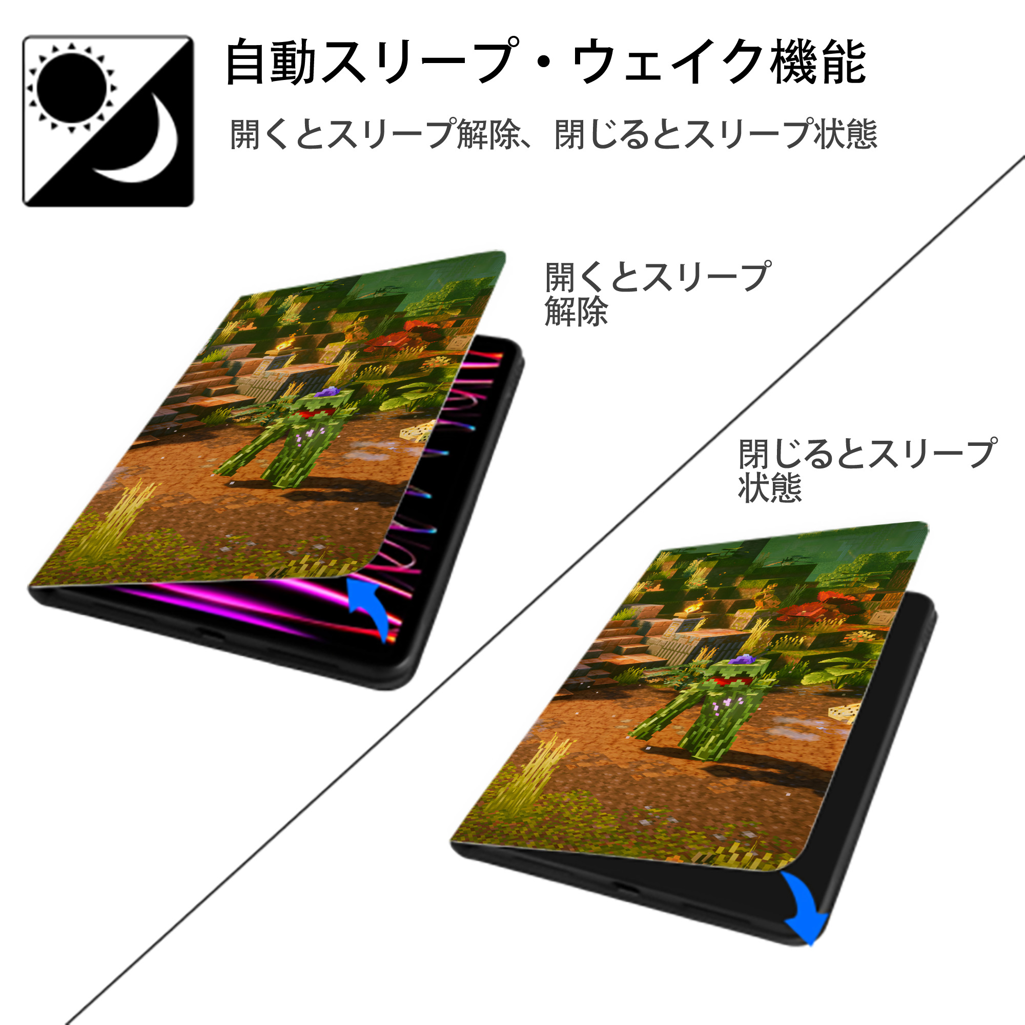 マインクラフト ブロックの世界 Minecraft MC Block world IPad ケース ブック型 PUレザー TPU 耐衝撃 軽量 薄型 ペン収納なし 全面保護 IPad 各モデル対応