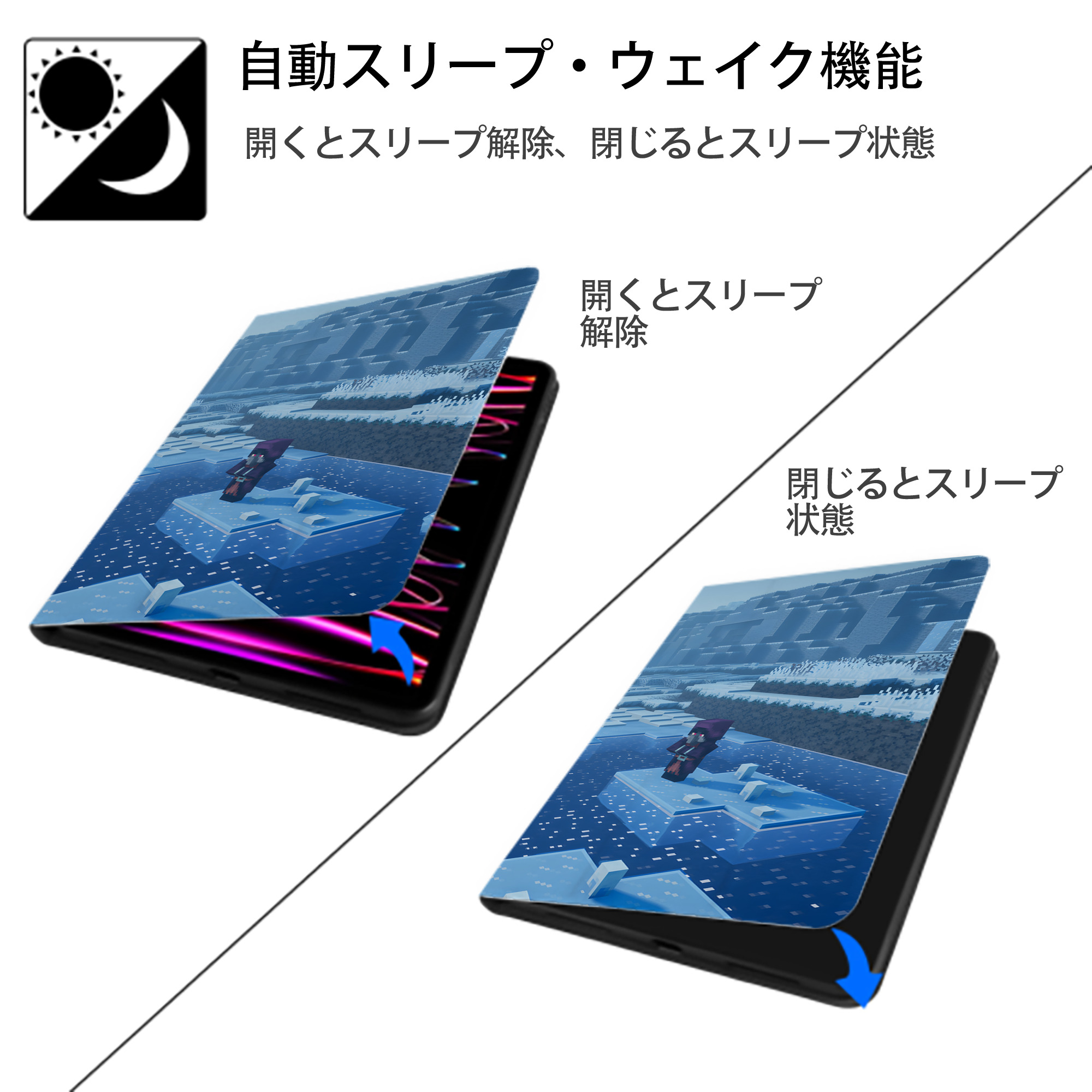マインクラフト ブロックの世界 Minecraft MC Block world IPad ケース ブック型 PUレザー TPU 耐衝撃 軽量 薄型 ペン収納なし 全面保護 IPad 各モデル対応