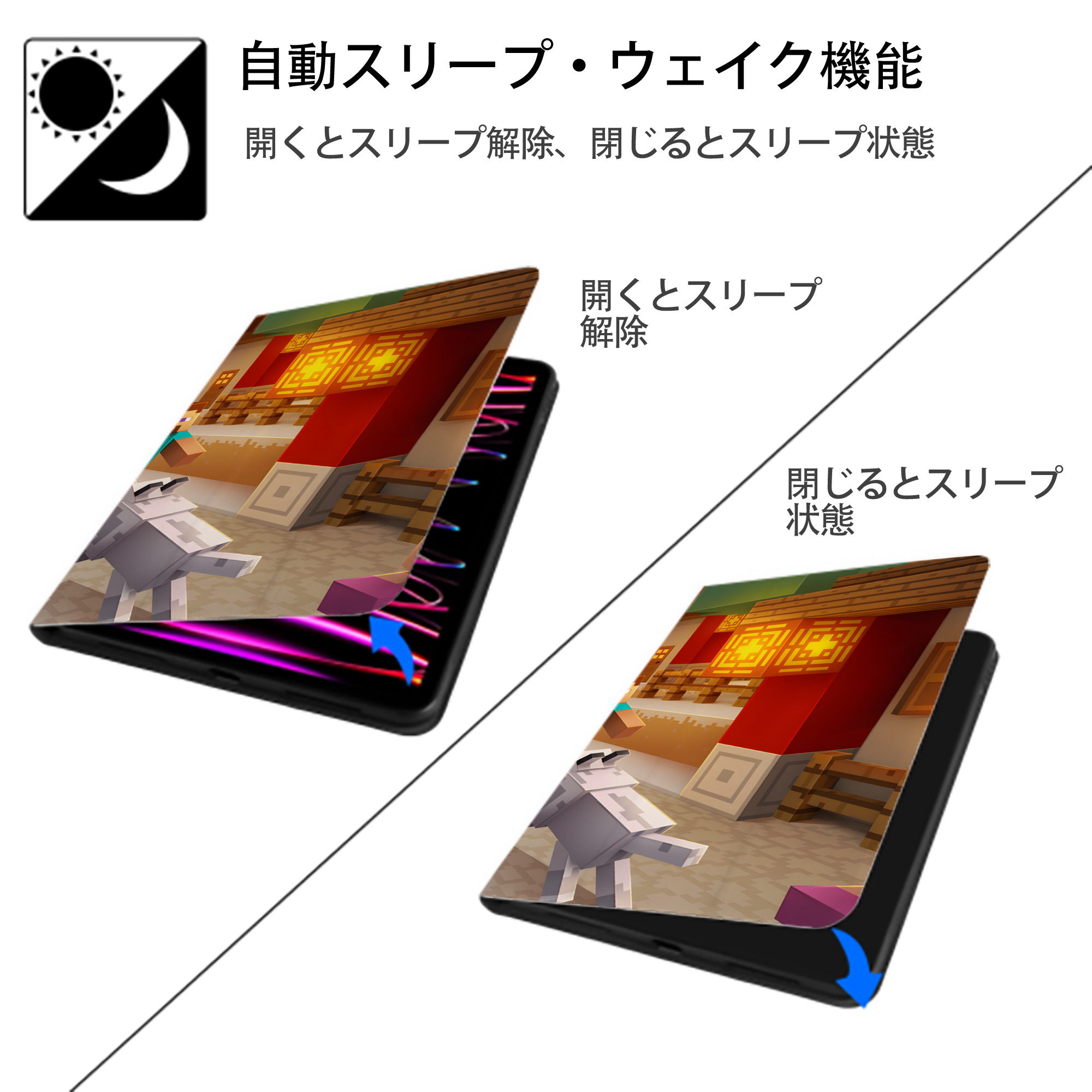 マインクラフト ブロックの世界 Minecraft MC Block world IPad ケース ブック型 PUレザー TPU 耐衝撃 軽量 薄型 ペン収納なし 全面保護 IPad 各モデル対応