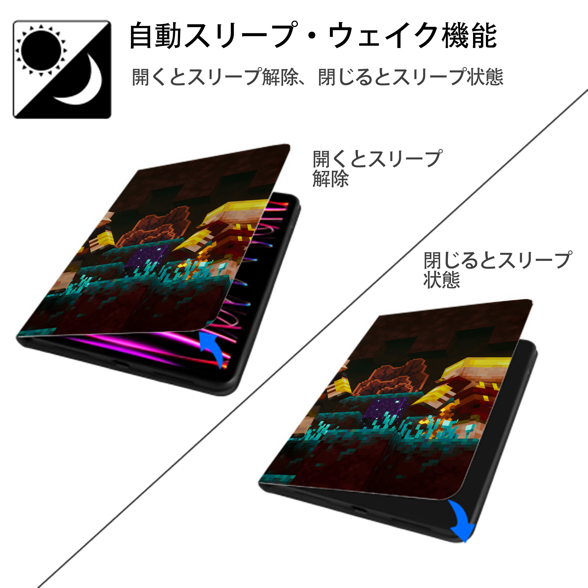マインクラフト ブロックの世界 Minecraft MC Block world IPad ケース ブック型 PUレザー TPU 耐衝撃 軽量 薄型 ペン収納なし 全面保護 IPad 各モデル対応