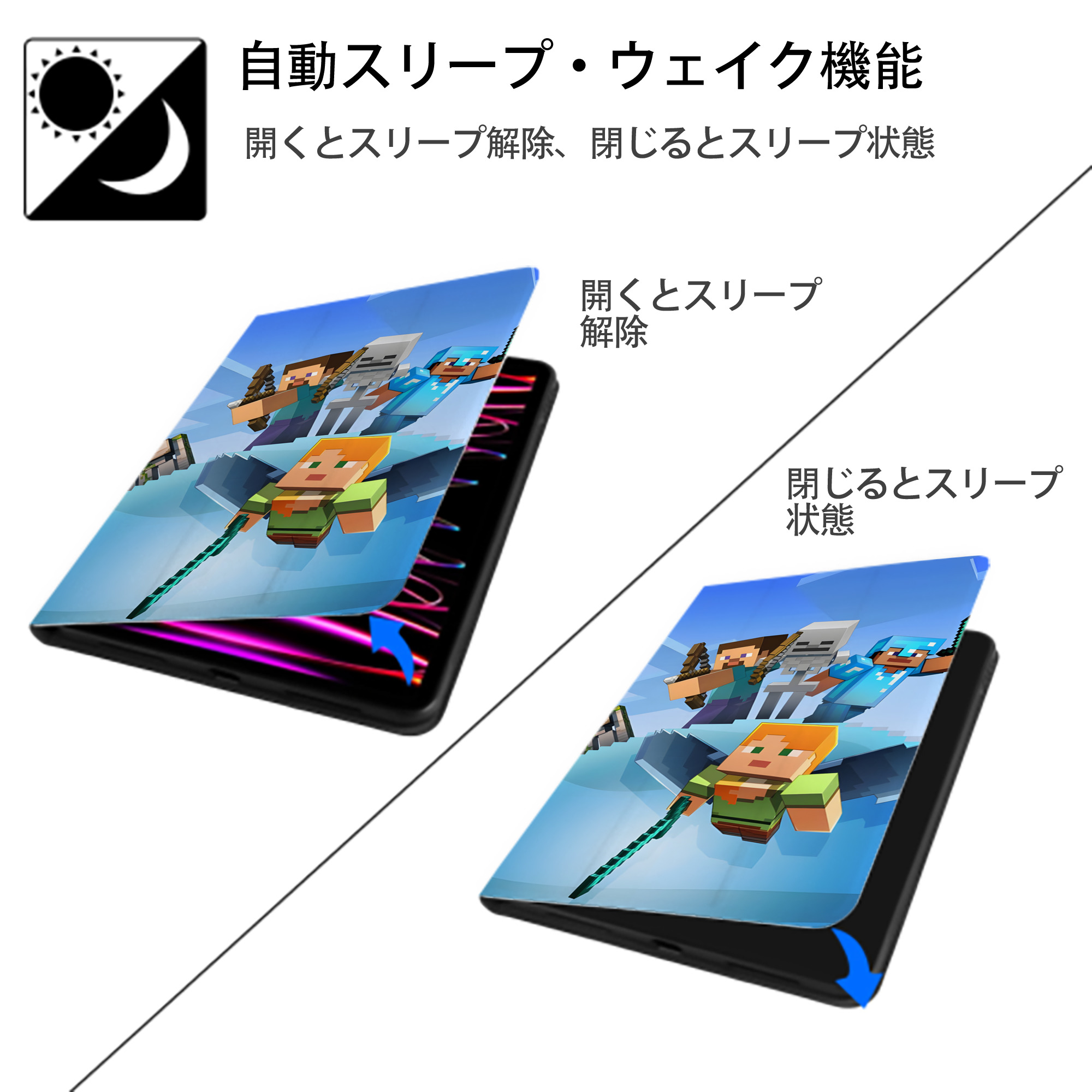 マインクラフト ブロックの世界 Minecraft MC Block world IPad ケース ブック型 PUレザー TPU 耐衝撃 軽量 薄型 ペン収納なし 全面保護 IPad 各モデル対応