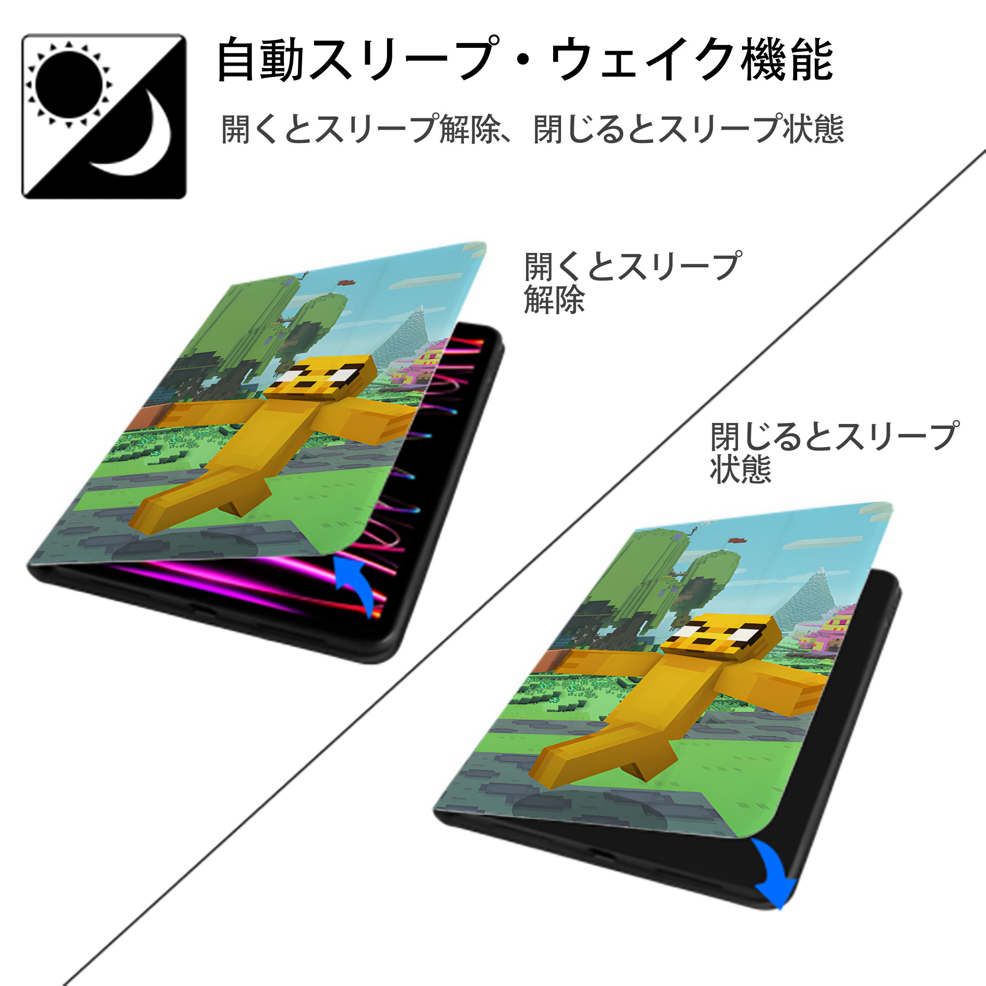 マインクラフト ブロックの世界 Minecraft MC Block world IPad ケース ブック型 PUレザー TPU 耐衝撃 軽量 薄型 ペン収納なし 全面保護 IPad 各モデル対応