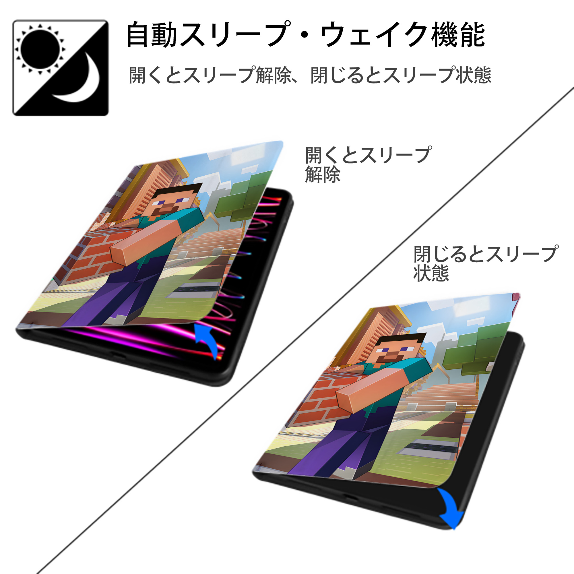 マインクラフト ブロックの世界 Minecraft MC Block world IPad ケース ブック型 PUレザー TPU 耐衝撃 軽量 薄型 ペン収納なし 全面保護 IPad 各モデル対応