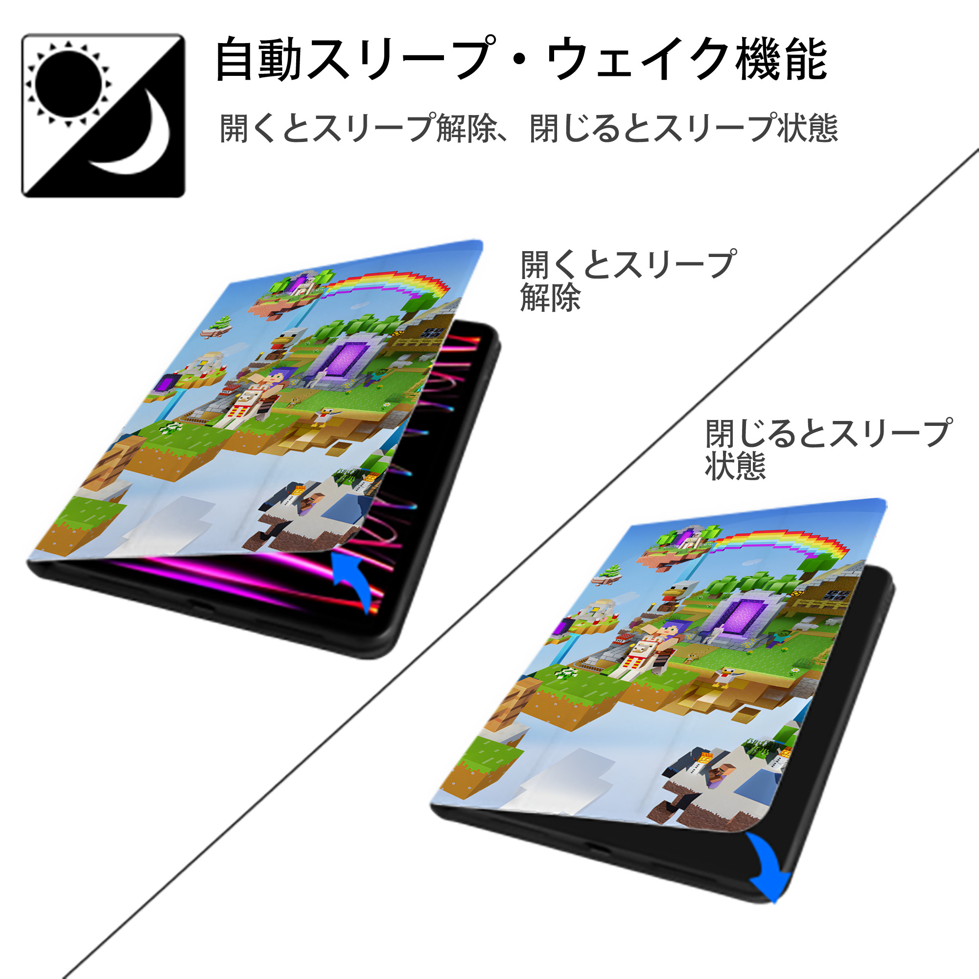 マインクラフト ブロックの世界 Minecraft MC Block world IPad ケース ブック型 PUレザー TPU 耐衝撃 軽量 薄型 ペン収納なし 全面保護 IPad 各モデル対応