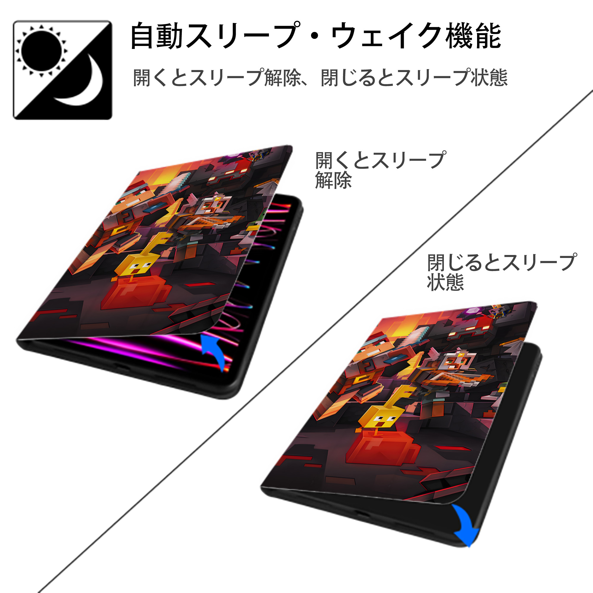 マインクラフト ブロックの世界 Minecraft MC Block world IPad ケース ブック型 PUレザー TPU 耐衝撃 軽量 薄型 ペン収納なし 全面保護 IPad 各モデル対応