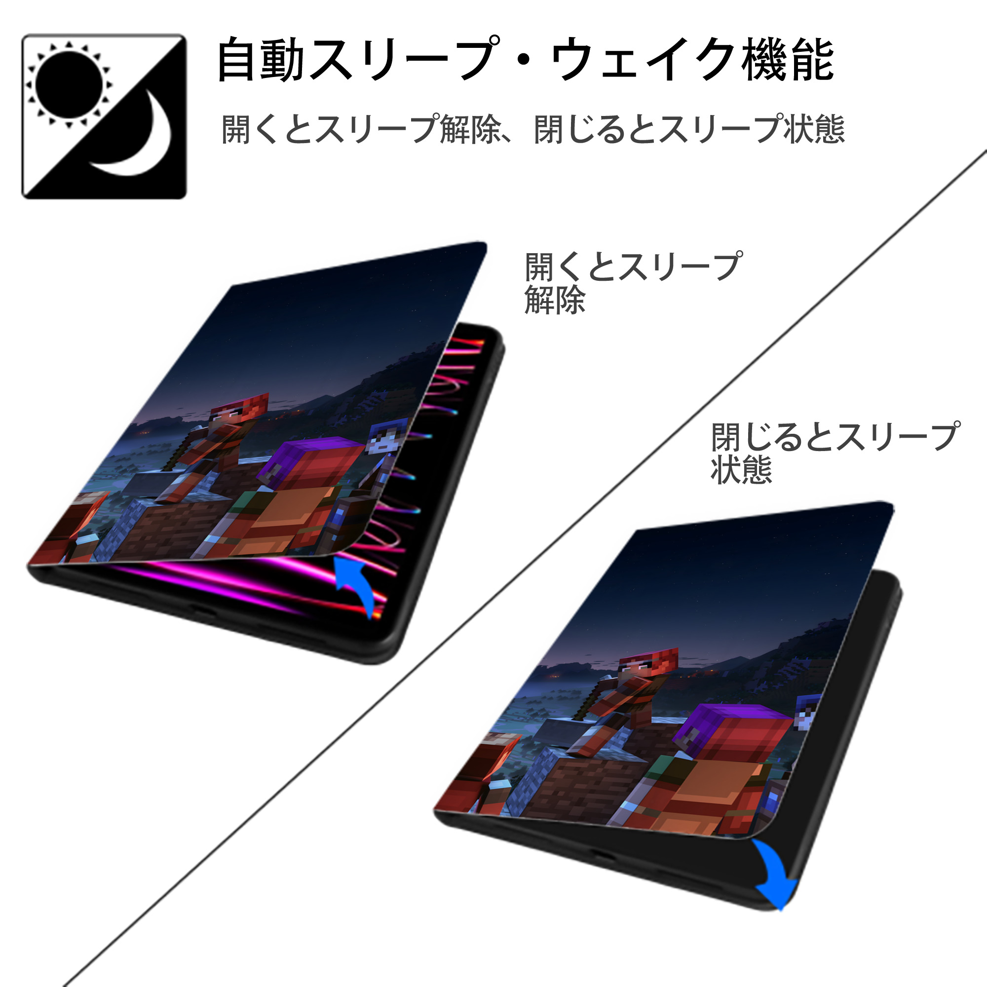 マインクラフト ブロックの世界 Minecraft MC Block world IPad ケース ブック型 PUレザー TPU 耐衝撃 軽量 薄型 ペン収納なし 全面保護 IPad 各モデル対応