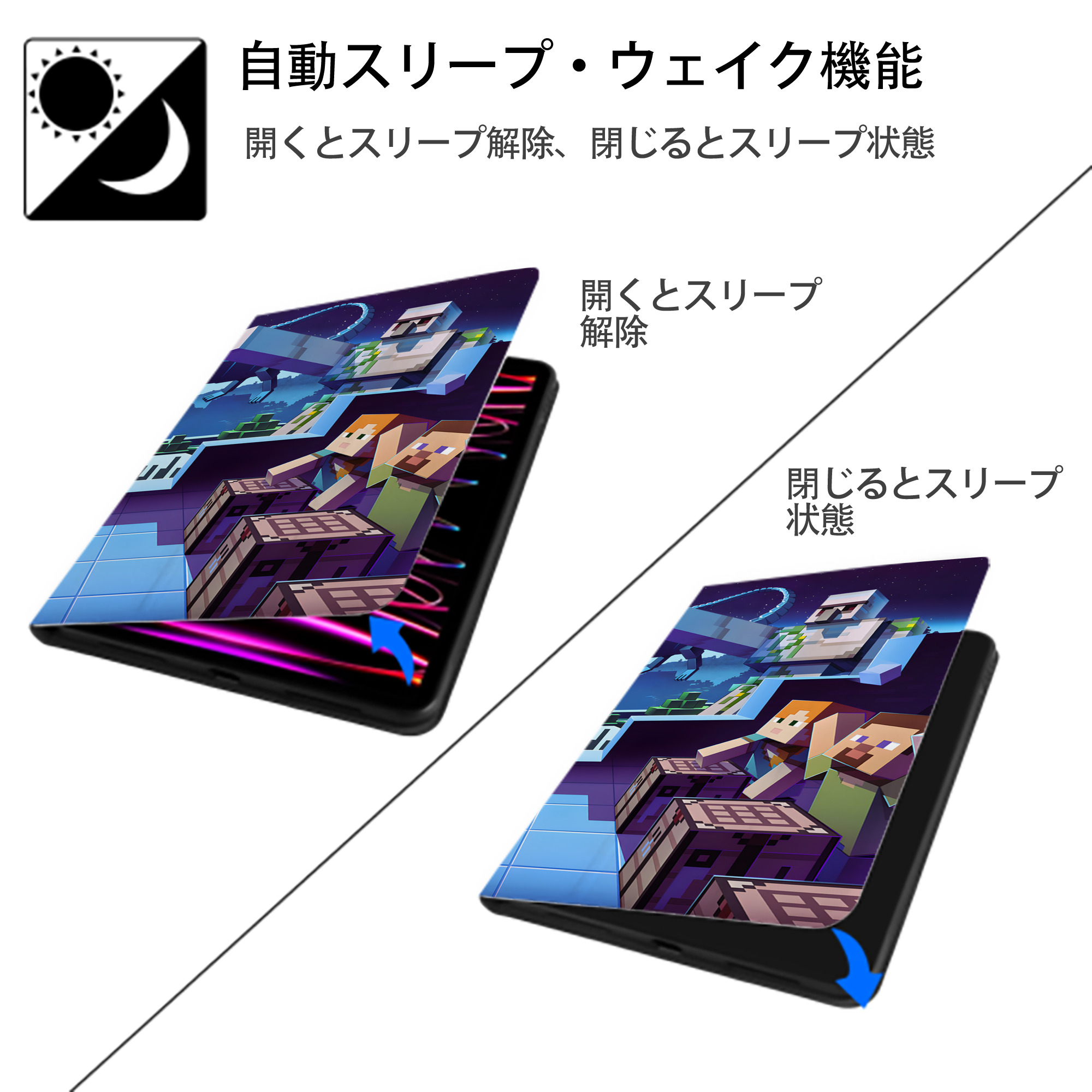 マインクラフト ブロックの世界 Minecraft MC Block world IPad ケース ブック型 PUレザー TPU 耐衝撃 軽量 薄型 ペン収納なし 全面保護 IPad 各モデル対応