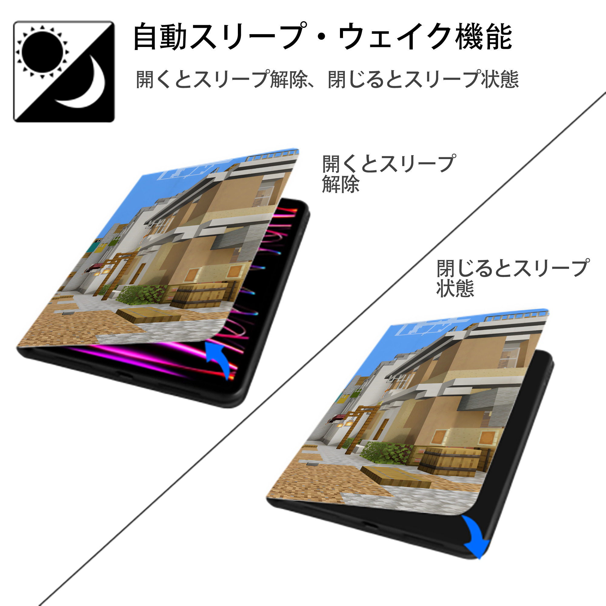 マインクラフト ブロックの世界 Minecraft MC Block world IPad ケース ブック型 PUレザー TPU 耐衝撃 軽量 薄型 ペン収納なし 全面保護 IPad 各モデル対応