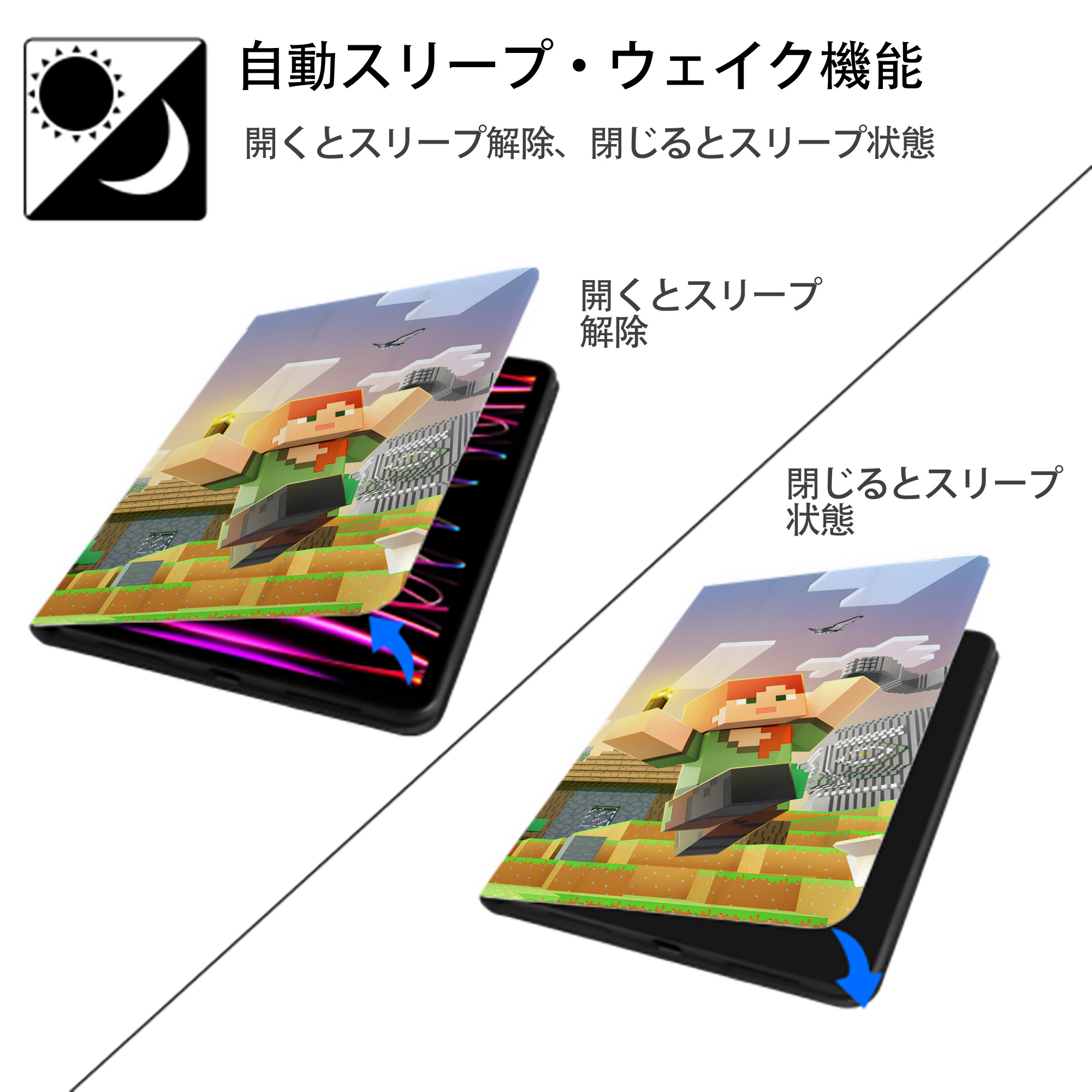マインクラフト ブロックの世界 Minecraft MC Block world IPad ケース ブック型 PUレザー TPU 耐衝撃 軽量 薄型 ペン収納なし 全面保護 IPad 各モデル対応