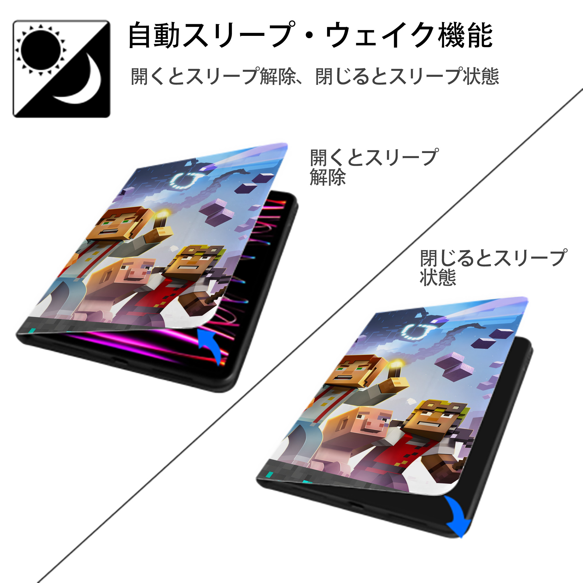 マインクラフト ブロックの世界 Minecraft MC Block world IPad ケース ブック型 PUレザー TPU 耐衝撃 軽量 薄型 ペン収納なし 全面保護 IPad 各モデル対応