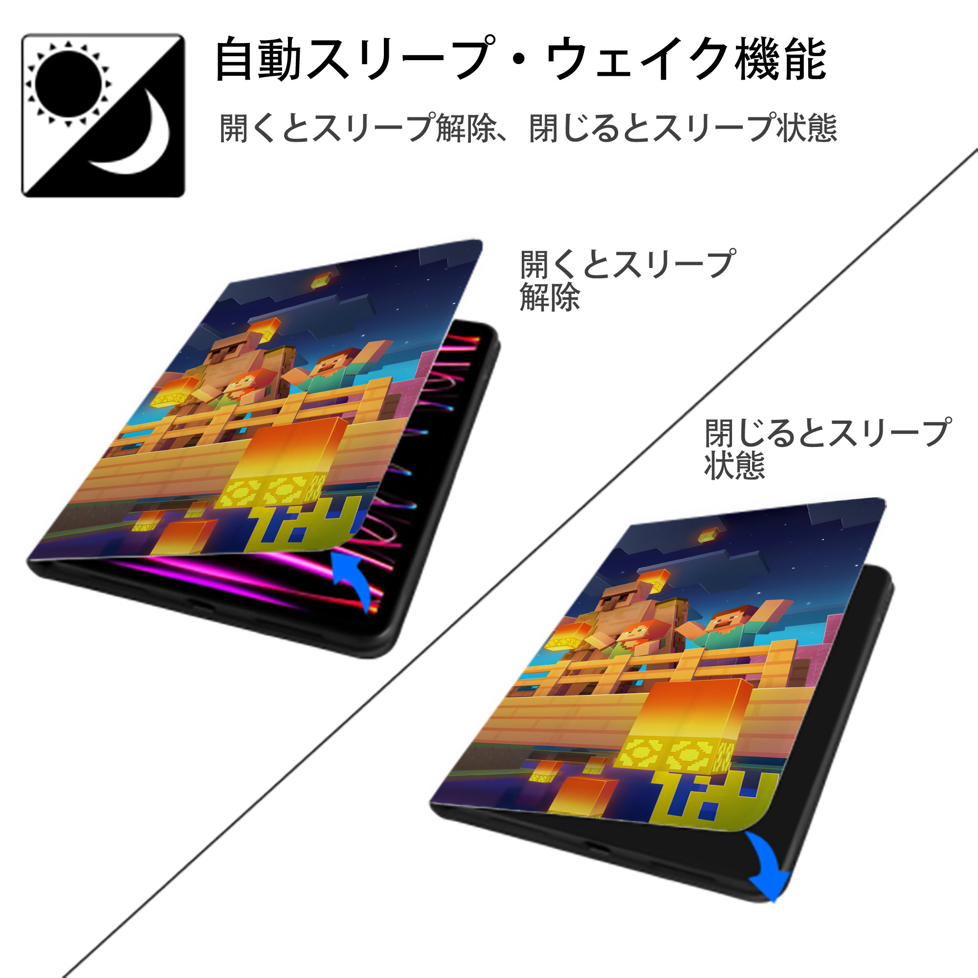 マインクラフト ブロックの世界 Minecraft MC Block world IPad ケース ブック型 PUレザー TPU 耐衝撃 軽量 薄型 ペン収納なし 全面保護 IPad 各モデル対応