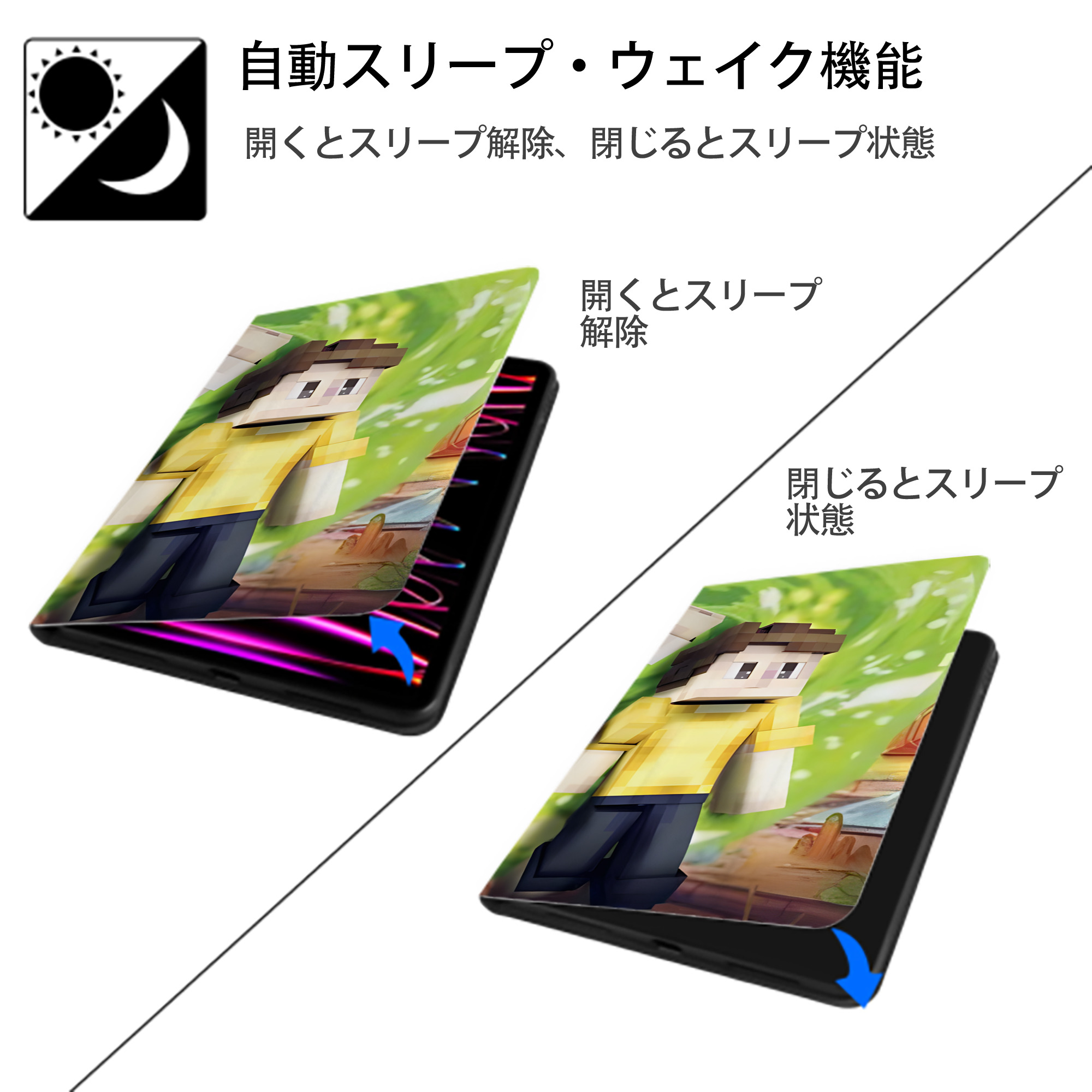 マインクラフト ブロックの世界 Minecraft MC Block world IPad ケース ブック型 PUレザー TPU 耐衝撃 軽量 薄型 ペン収納なし 全面保護 IPad 各モデル対応