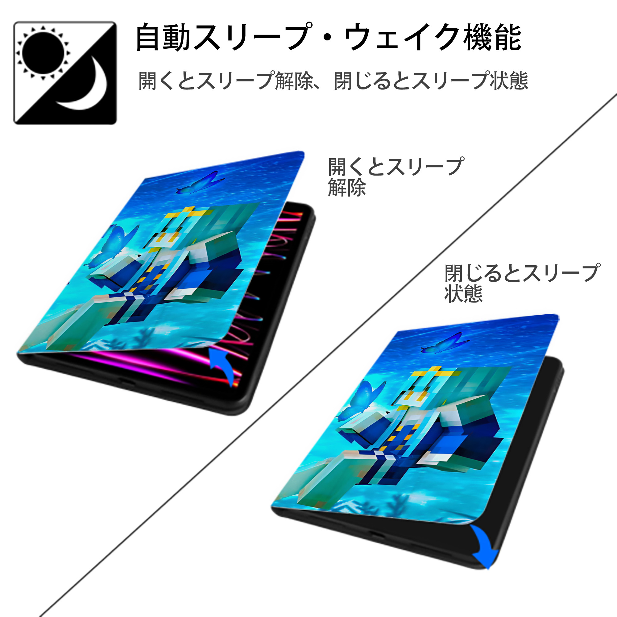 マインクラフト ブロックの世界 Minecraft MC Block world IPad ケース ブック型 PUレザー TPU 耐衝撃 軽量 薄型 ペン収納なし 全面保護 IPad 各モデル対応