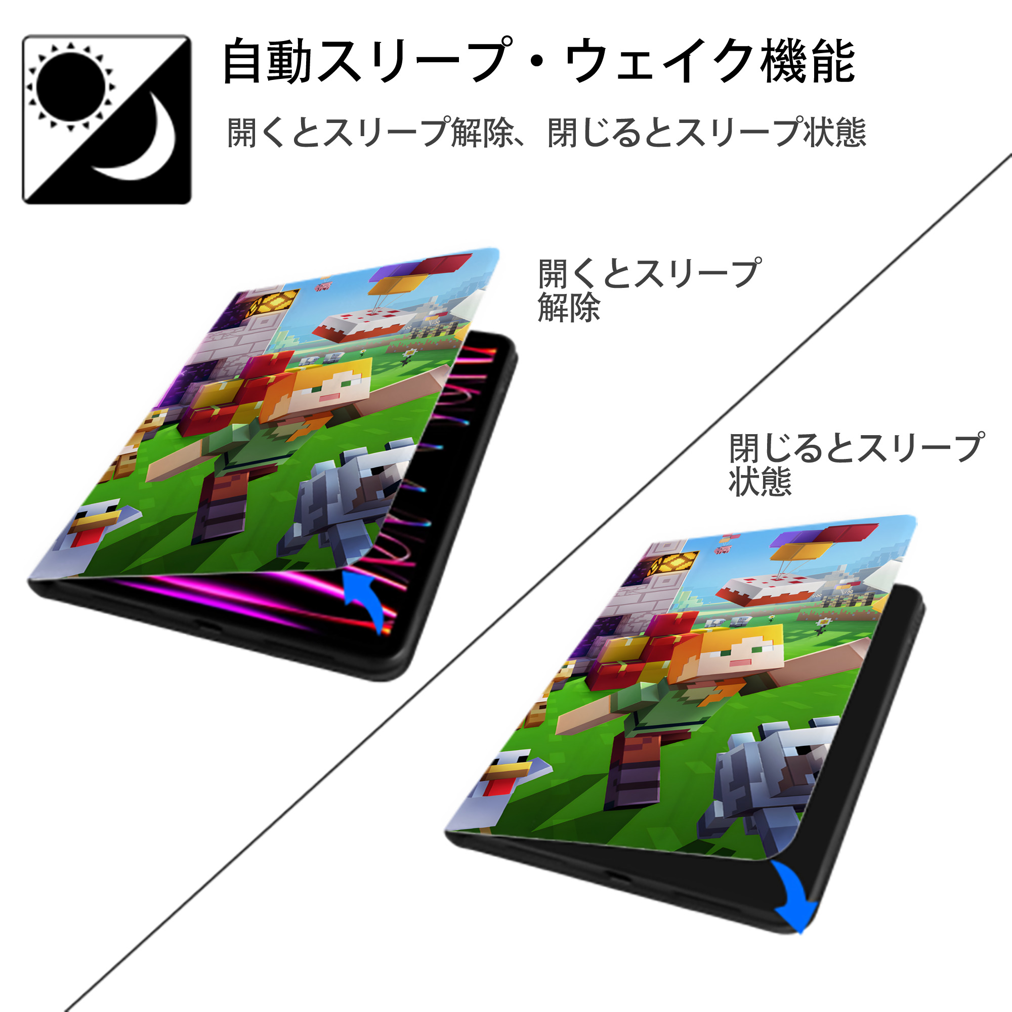 マインクラフト ブロックの世界 Minecraft MC Block world IPad ケース ブック型 PUレザー TPU 耐衝撃 軽量 薄型 ペン収納なし 全面保護 IPad 各モデル対応