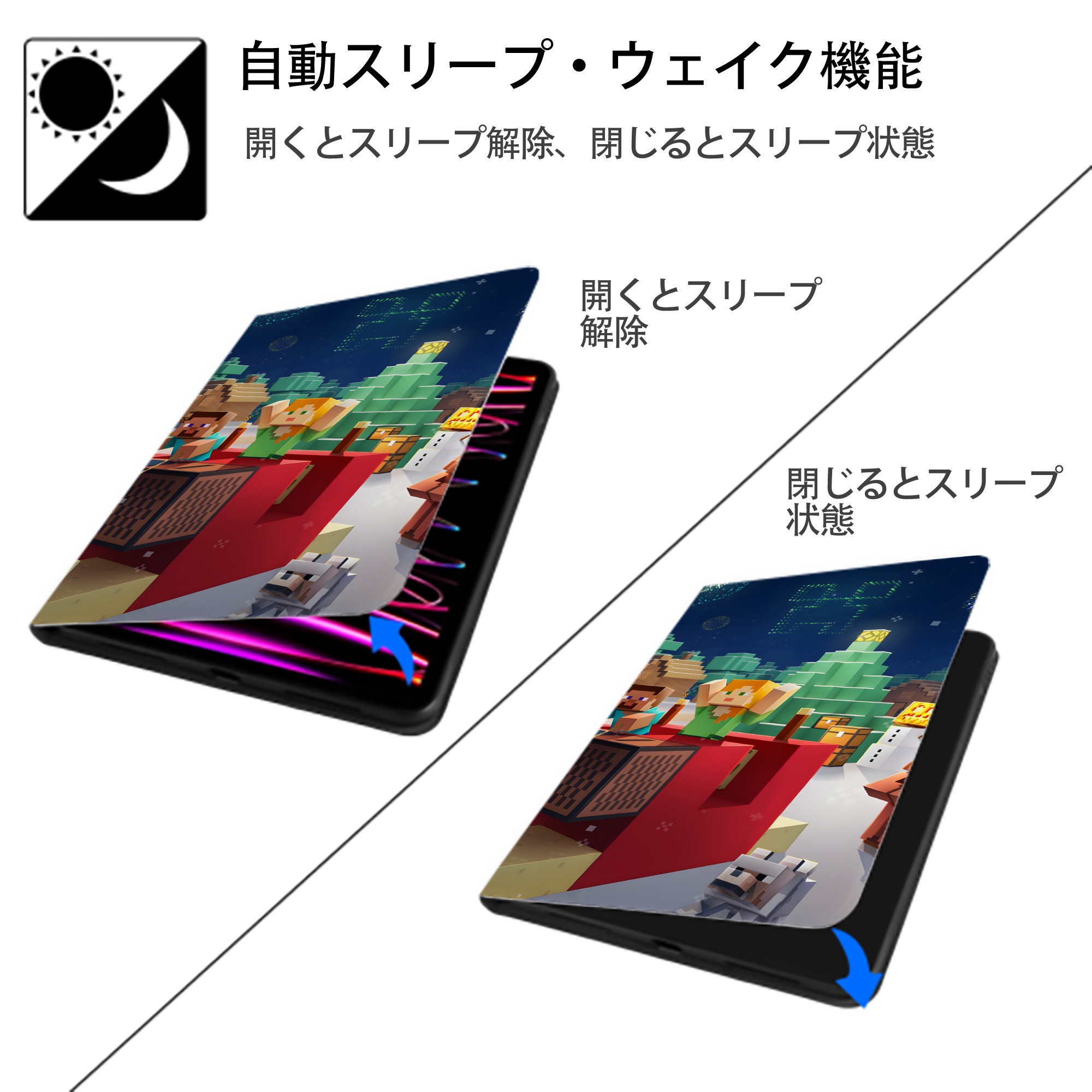 マインクラフト ブロックの世界 Minecraft MC Block world IPad ケース ブック型 PUレザー TPU 耐衝撃 軽量 薄型 ペン収納なし 全面保護 IPad 各モデル対応