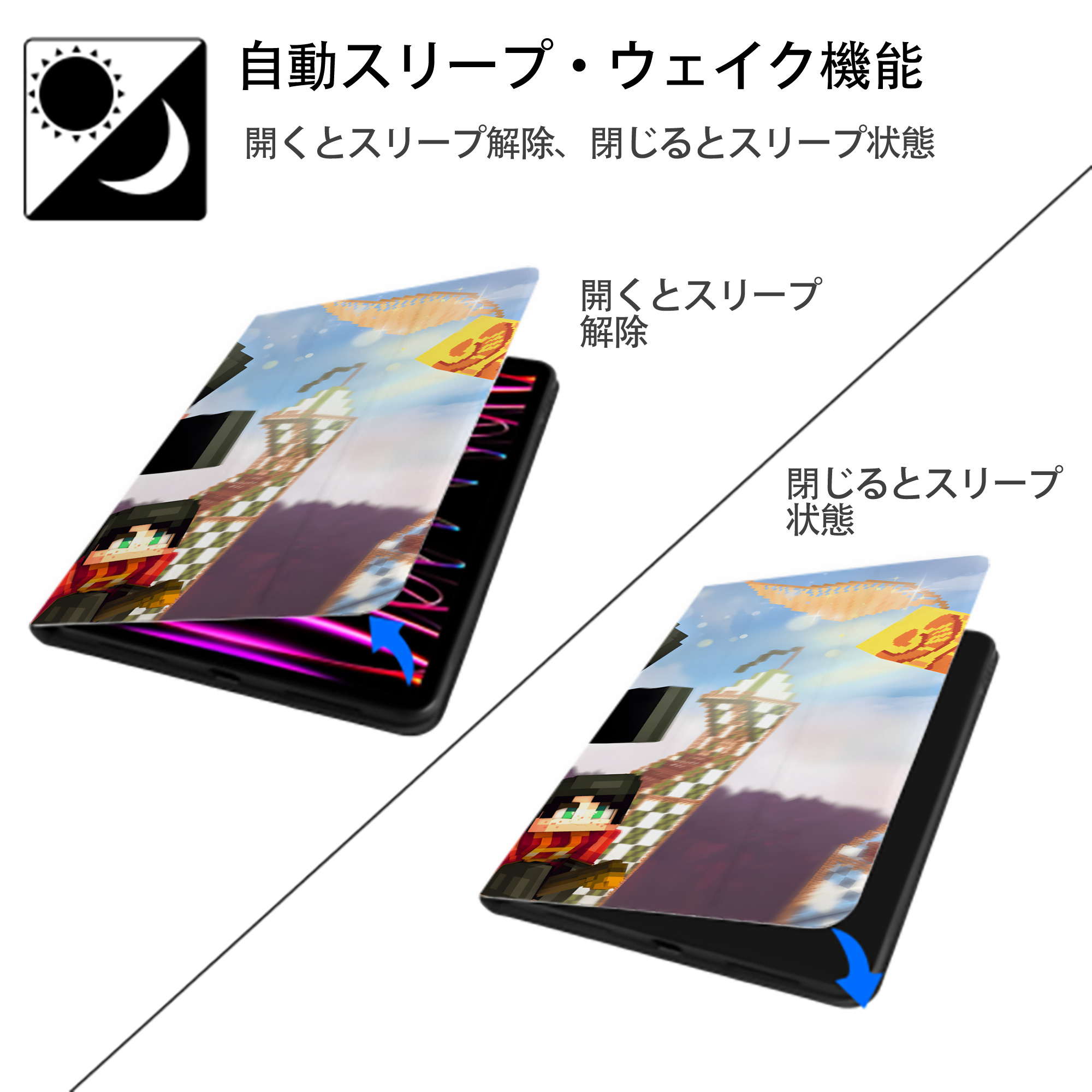 マインクラフト ブロックの世界 Minecraft MC Block world IPad ケース ブック型 PUレザー TPU 耐衝撃 軽量 薄型 ペン収納なし 全面保護 IPad 各モデル対応