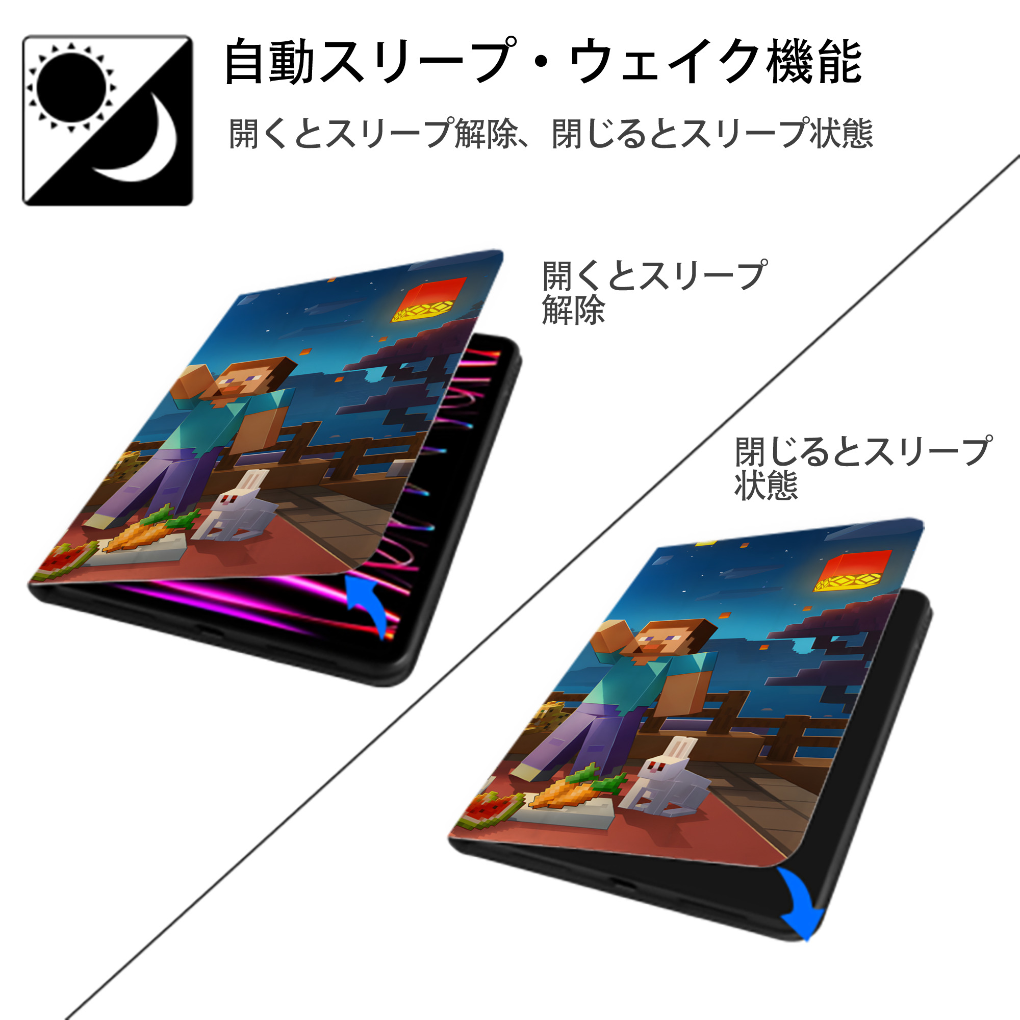 マインクラフト ブロックの世界 Minecraft MC Block world IPad ケース ブック型 PUレザー TPU 耐衝撃 軽量 薄型 ペン収納なし 全面保護 IPad 各モデル対応