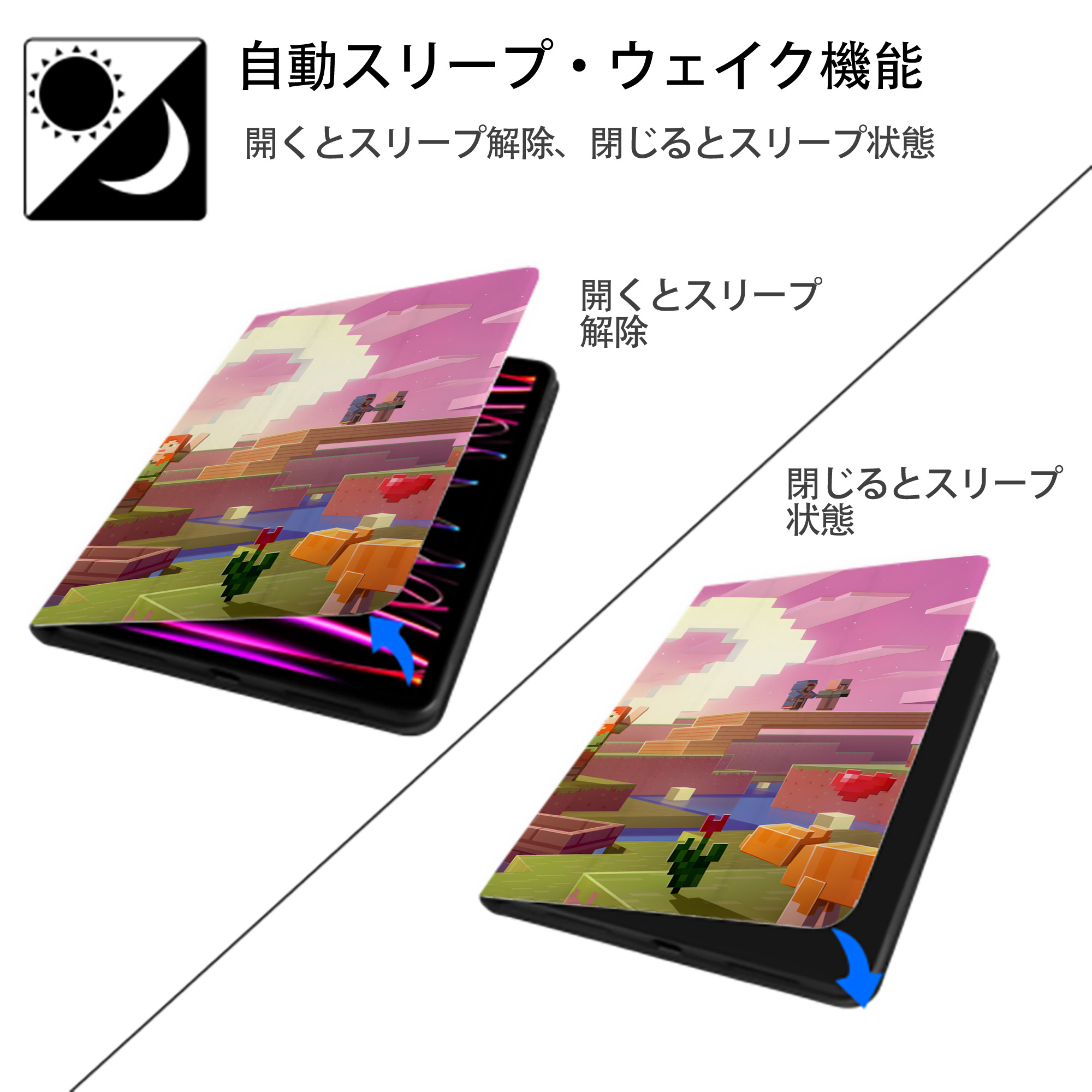 マインクラフト ブロックの世界 Minecraft MC Block world IPad ケース ブック型 PUレザー TPU 耐衝撃 軽量 薄型 ペン収納なし 全面保護 IPad 各モデル対応