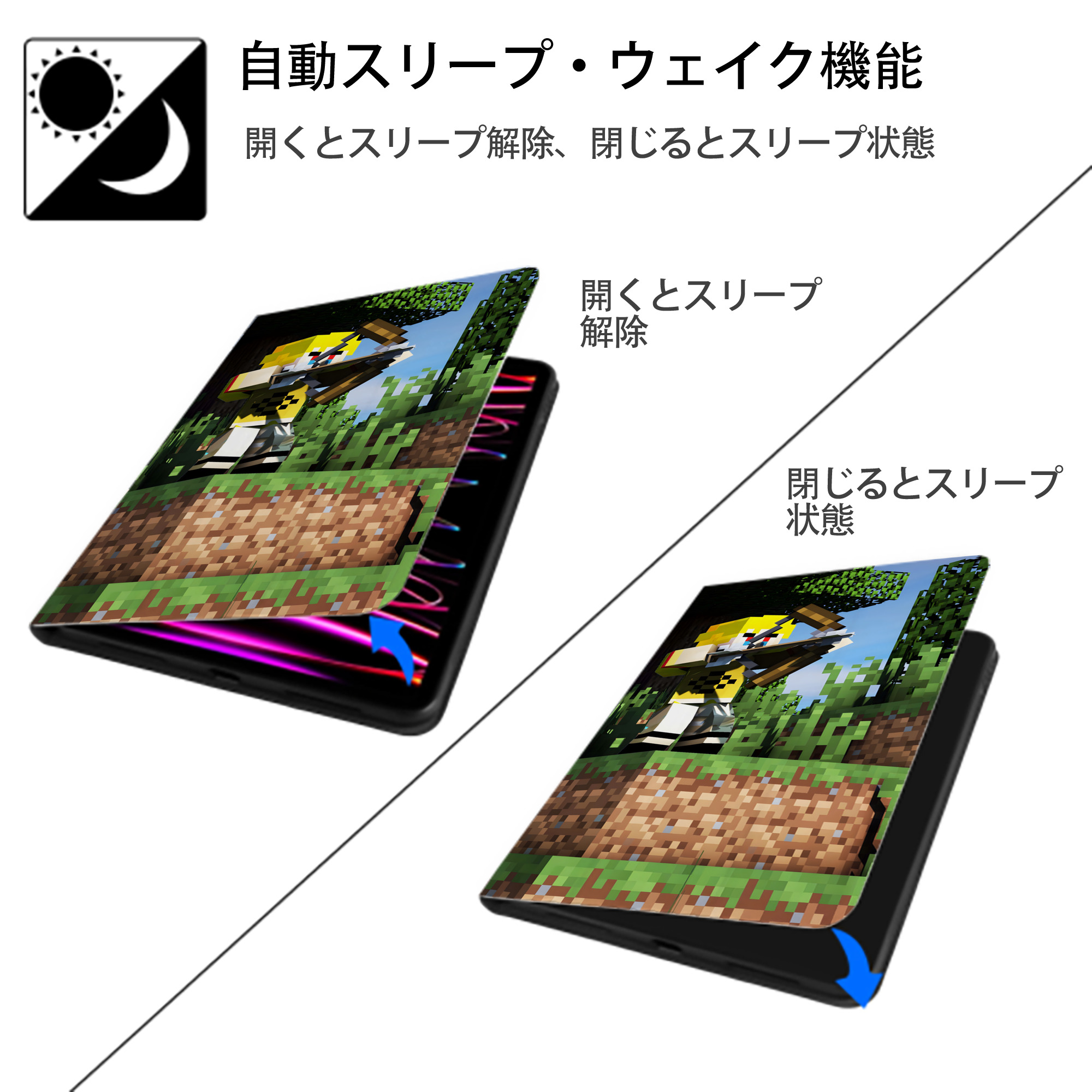 マインクラフト ブロックの世界 Minecraft MC Block world IPad ケース ブック型 PUレザー TPU 耐衝撃 軽量 薄型 ペン収納なし 全面保護 IPad 各モデル対応