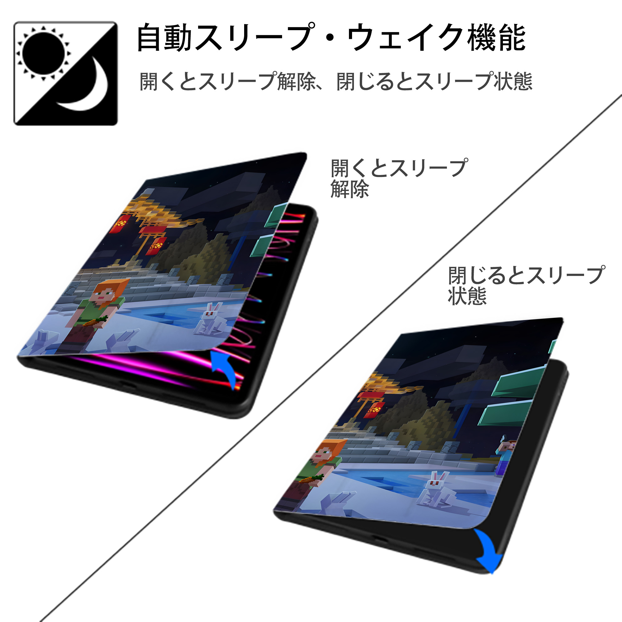 マインクラフト ブロックの世界 Minecraft MC Block world IPadケース ペンホルダー付き ブックスタイルデザイン