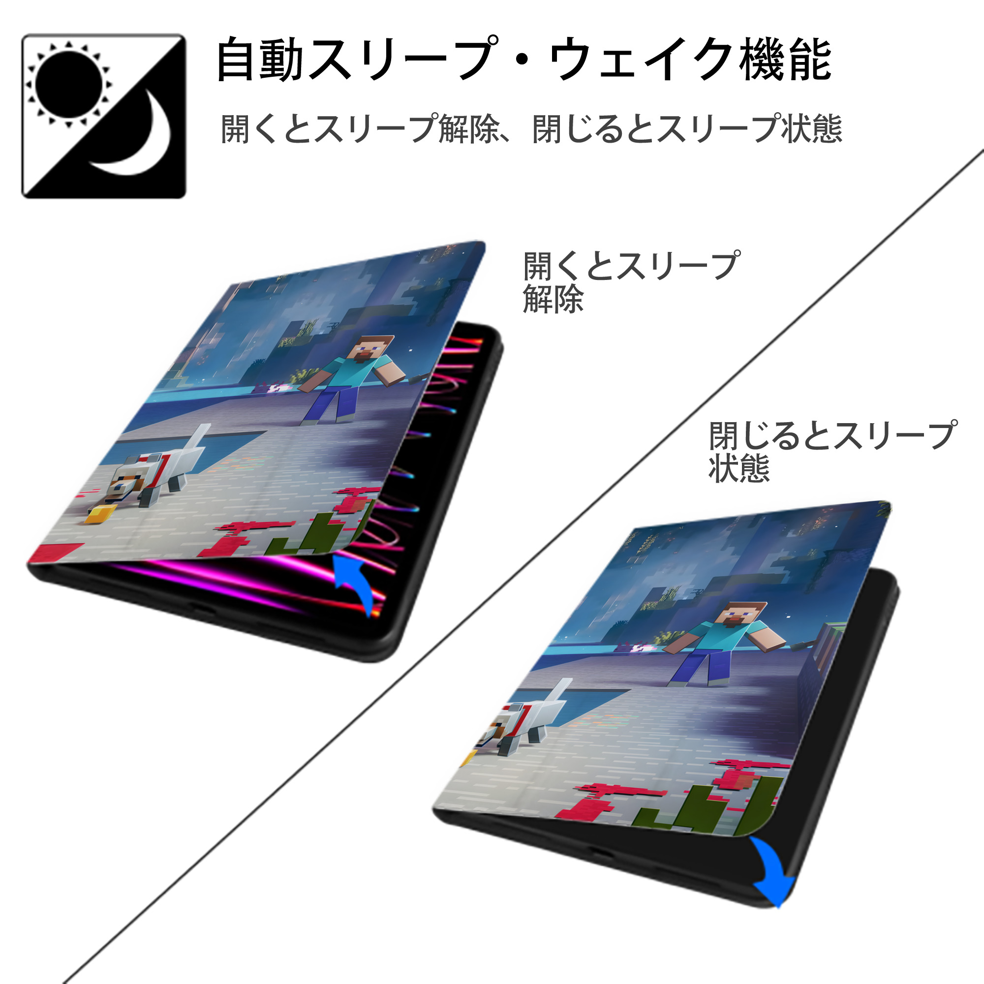 マインクラフト ブロックの世界 Minecraft MC Block world IPadケース ペンホルダー付き ブックスタイルデザイン