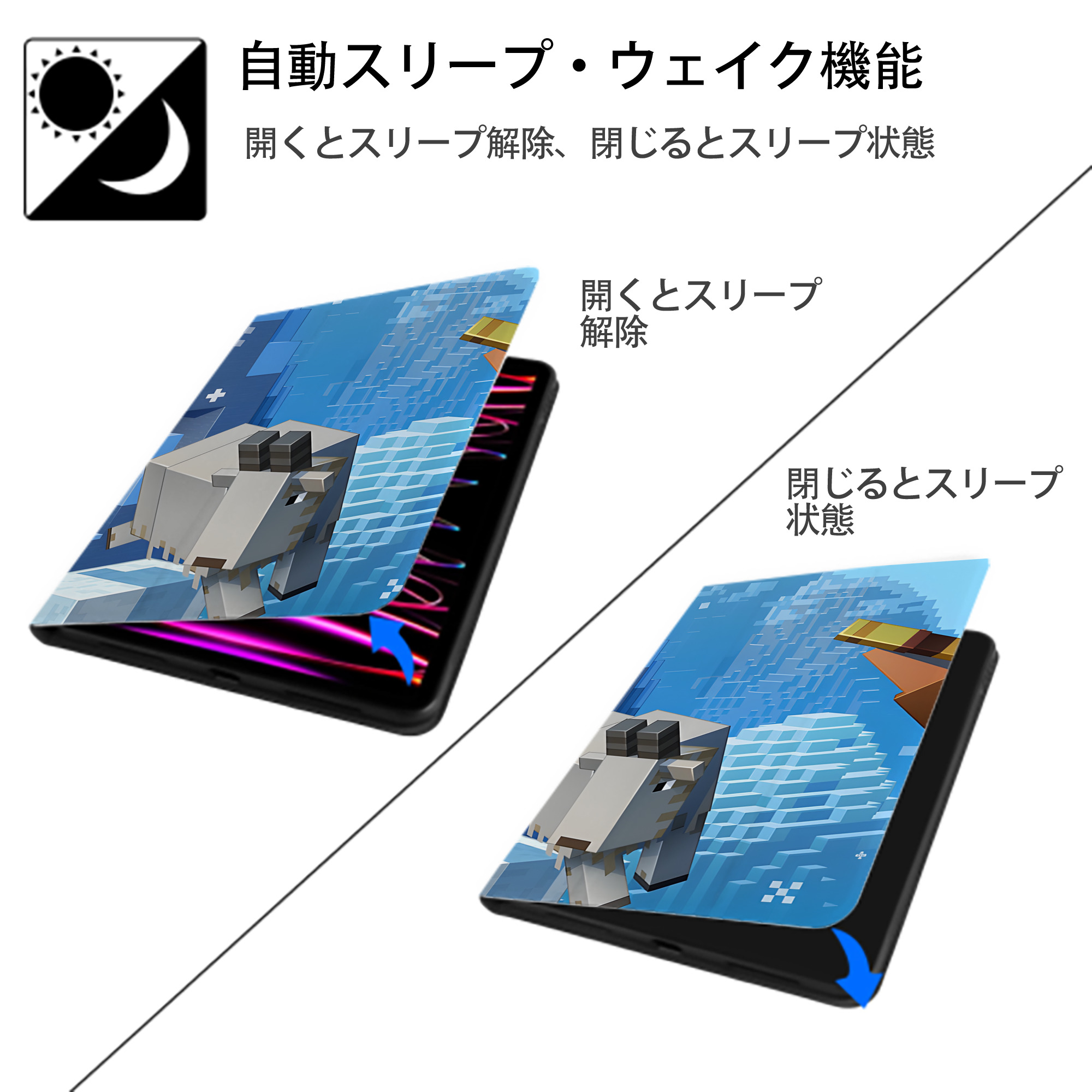 マインクラフト ブロックの世界 Minecraft MC Block world IPadケース ペンホルダー付き ブックスタイルデザイン