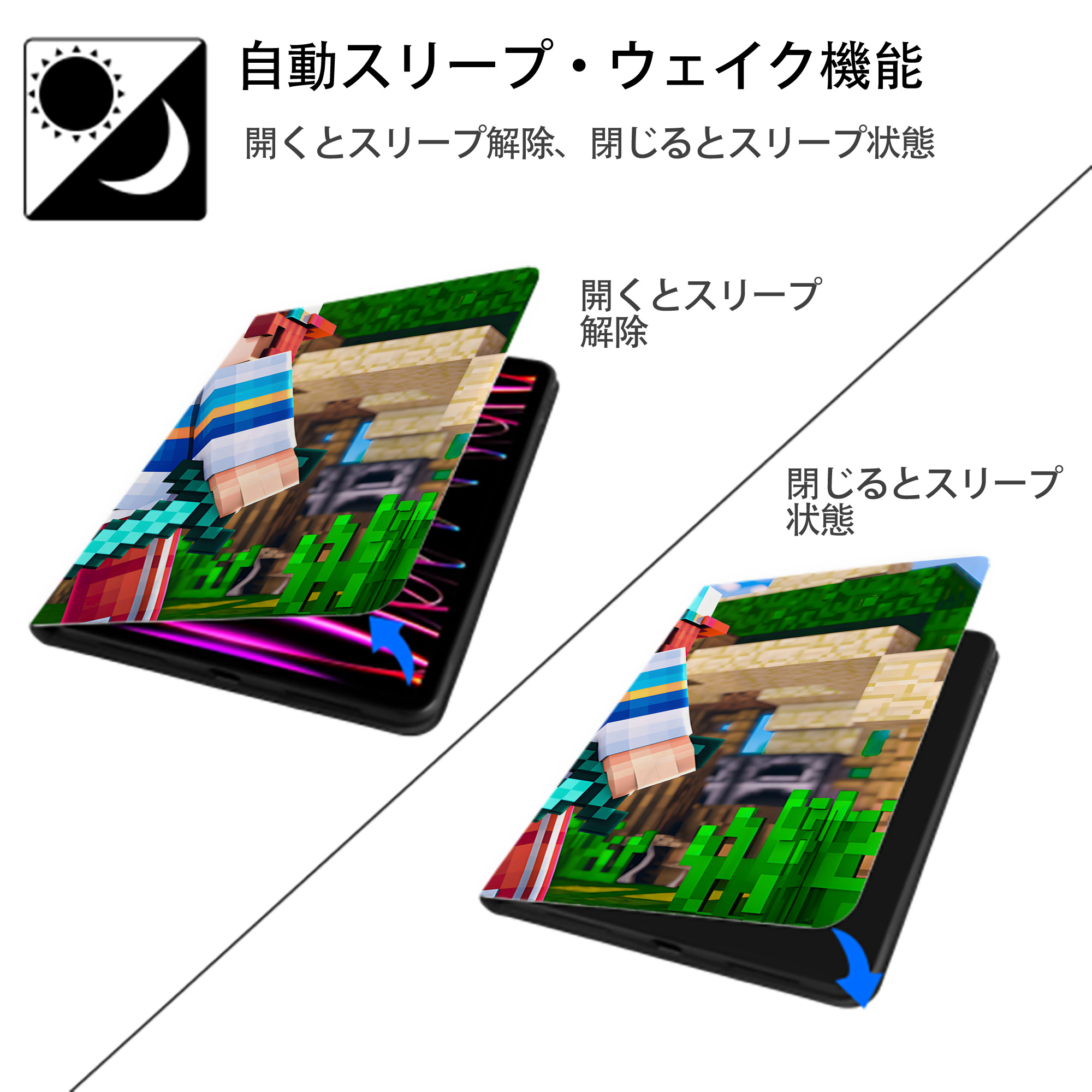 マインクラフト ブロックの世界 Minecraft MC Block world IPadケース ペンホルダー付き ブックスタイルデザイン