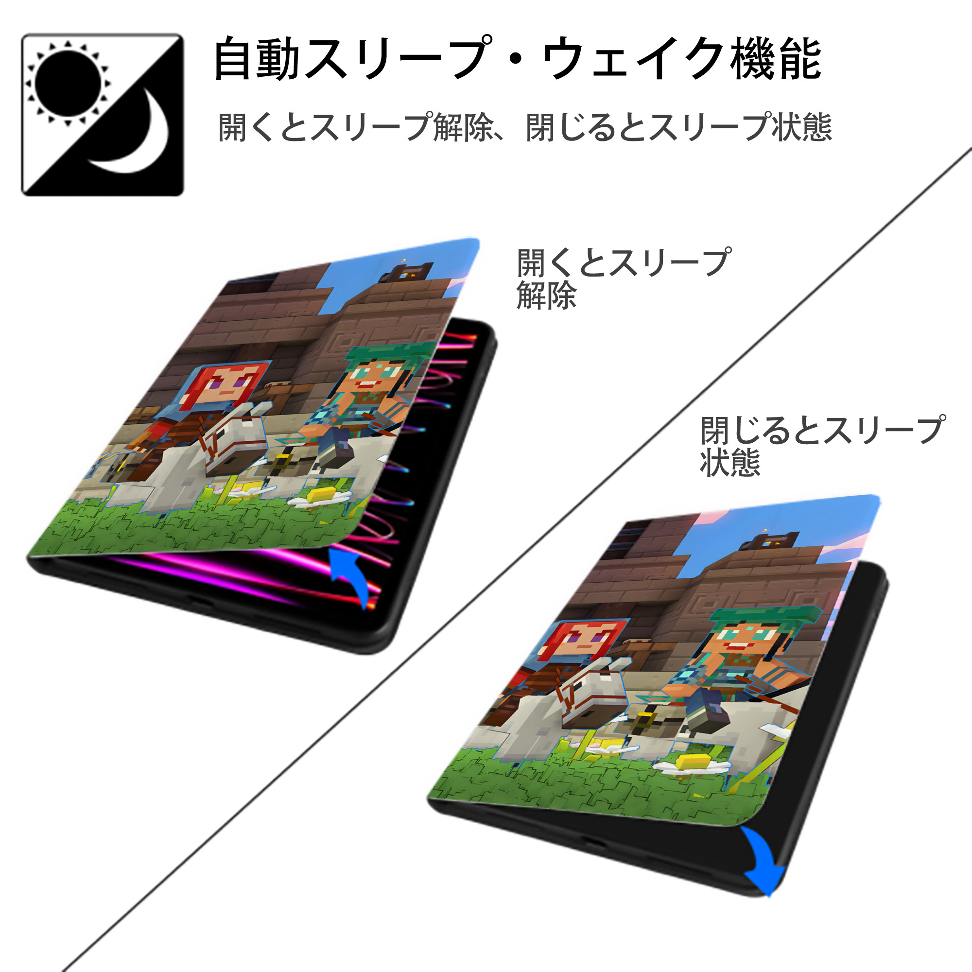 マインクラフト ブロックの世界 Minecraft MC Block world IPadケース ペンホルダー付き ブックスタイルデザイン