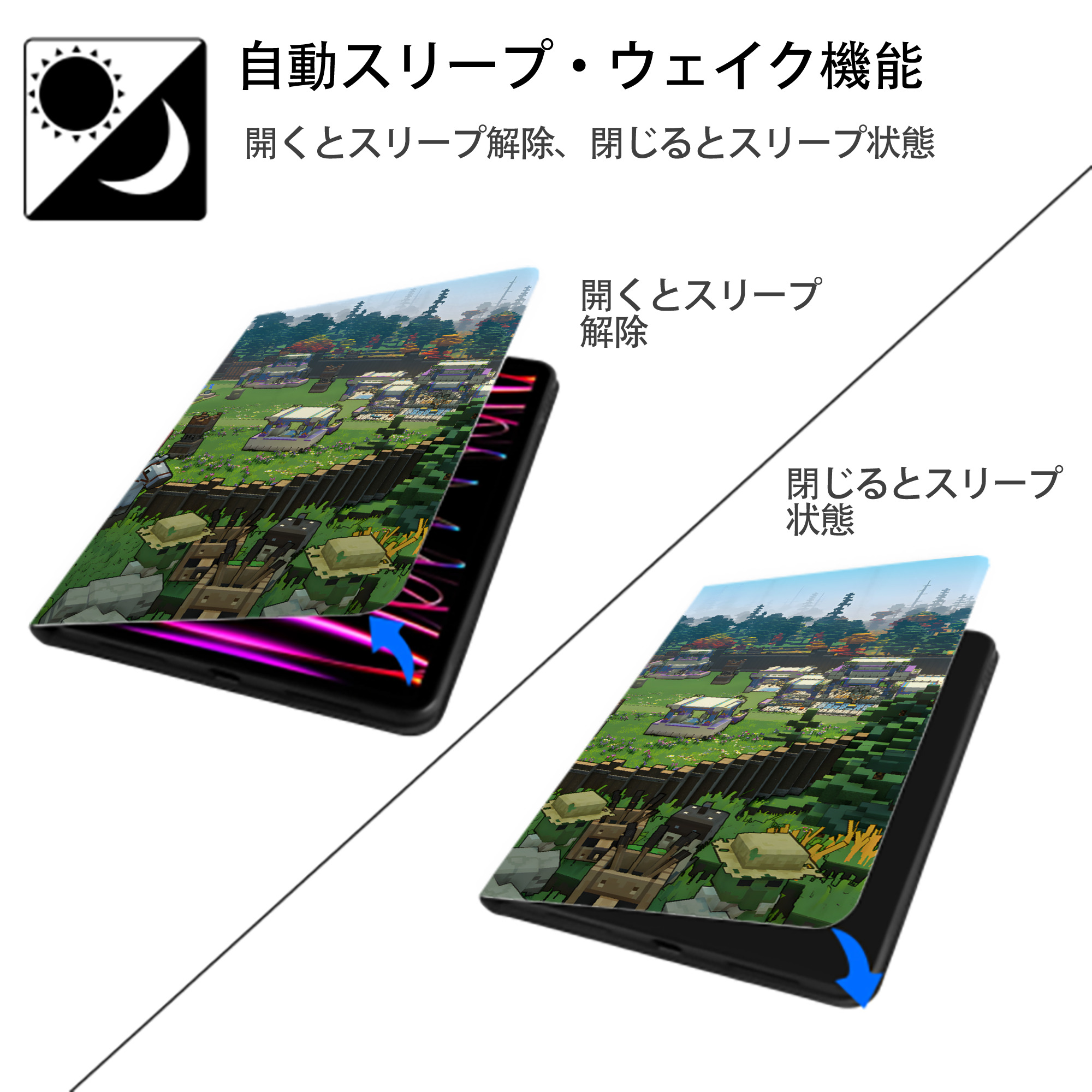 マインクラフト ブロックの世界 Minecraft MC Block world IPadケース ペンホルダー付き ブックスタイルデザイン