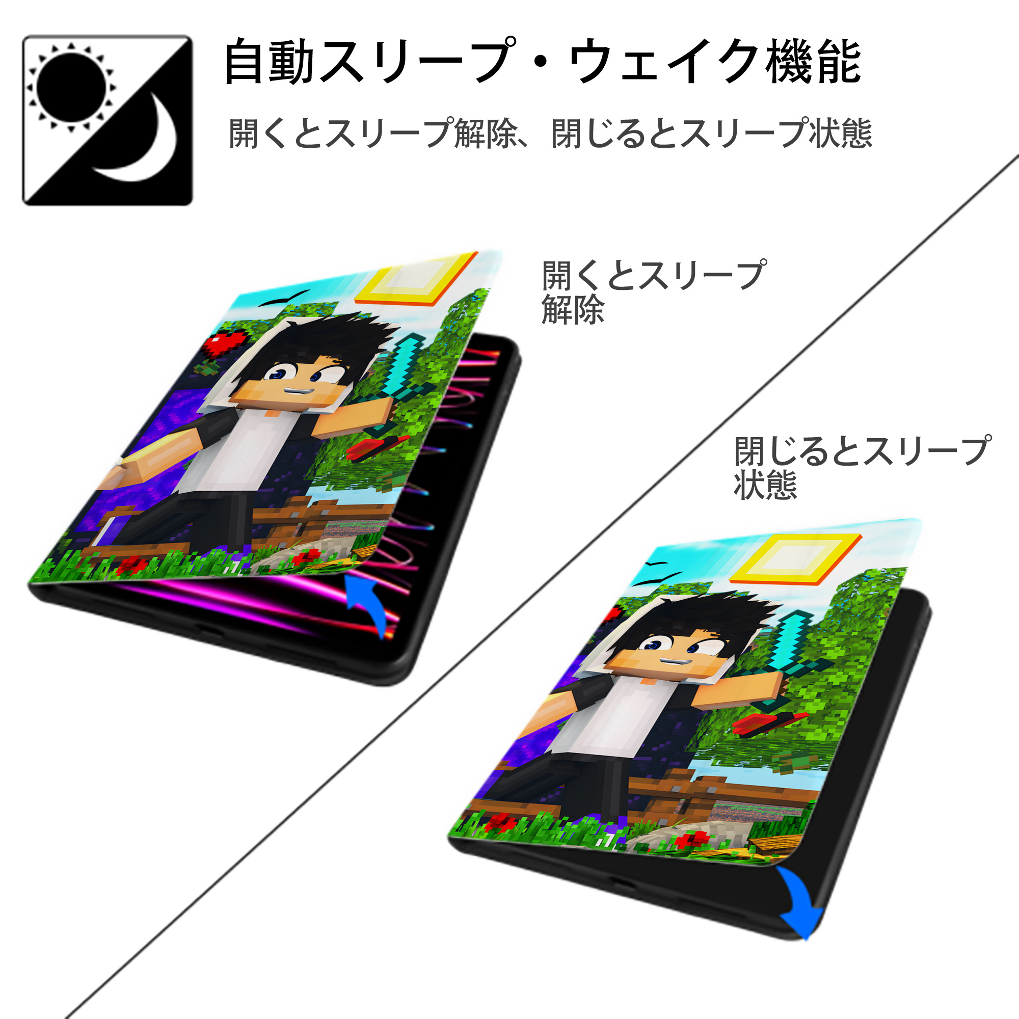 マインクラフト ブロックの世界 Minecraft MC Block world IPadケース ペンホルダー付き ブックスタイルデザイン