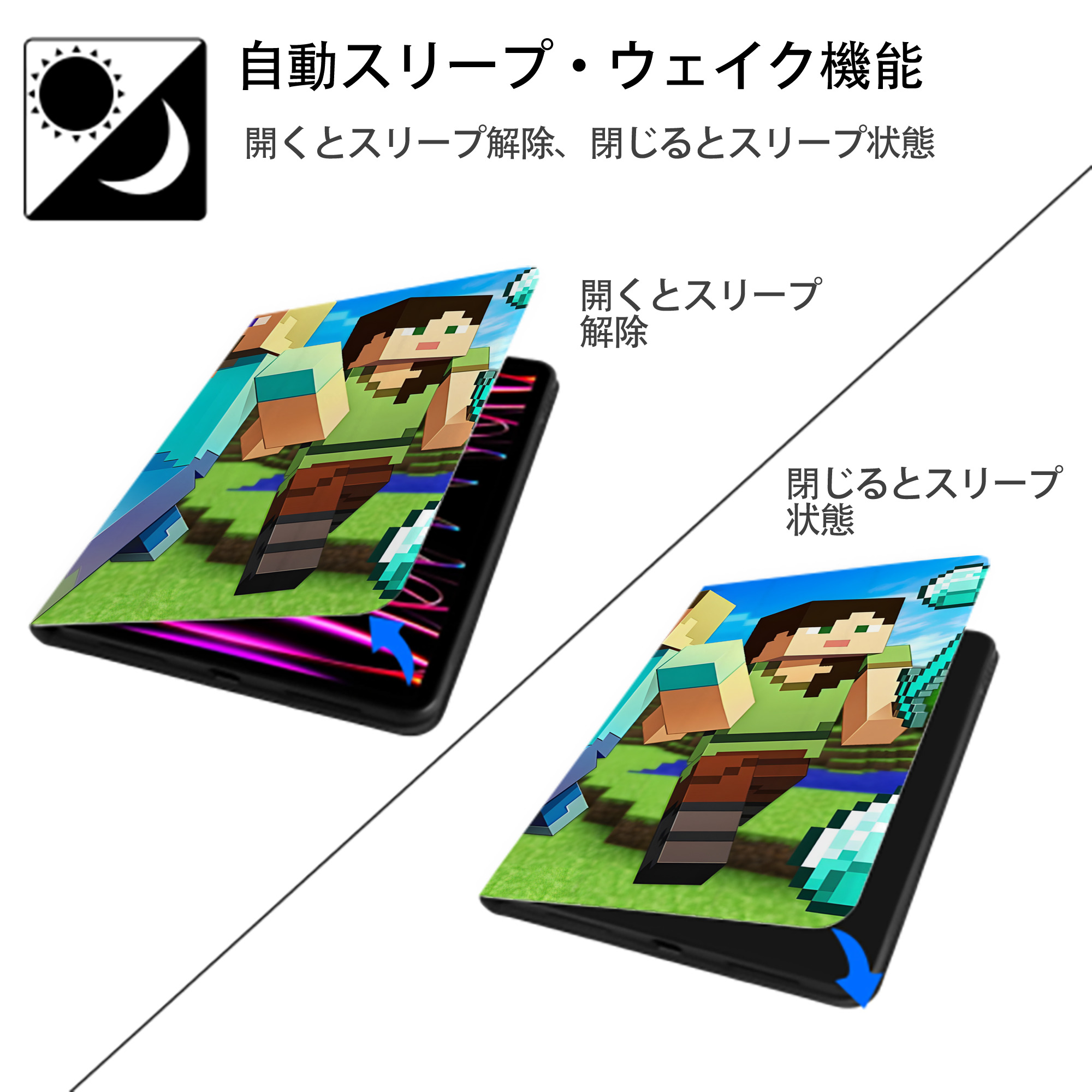 マインクラフト ブロックの世界 Minecraft MC Block world IPadケース ペンホルダー付き ブックスタイルデザイン
