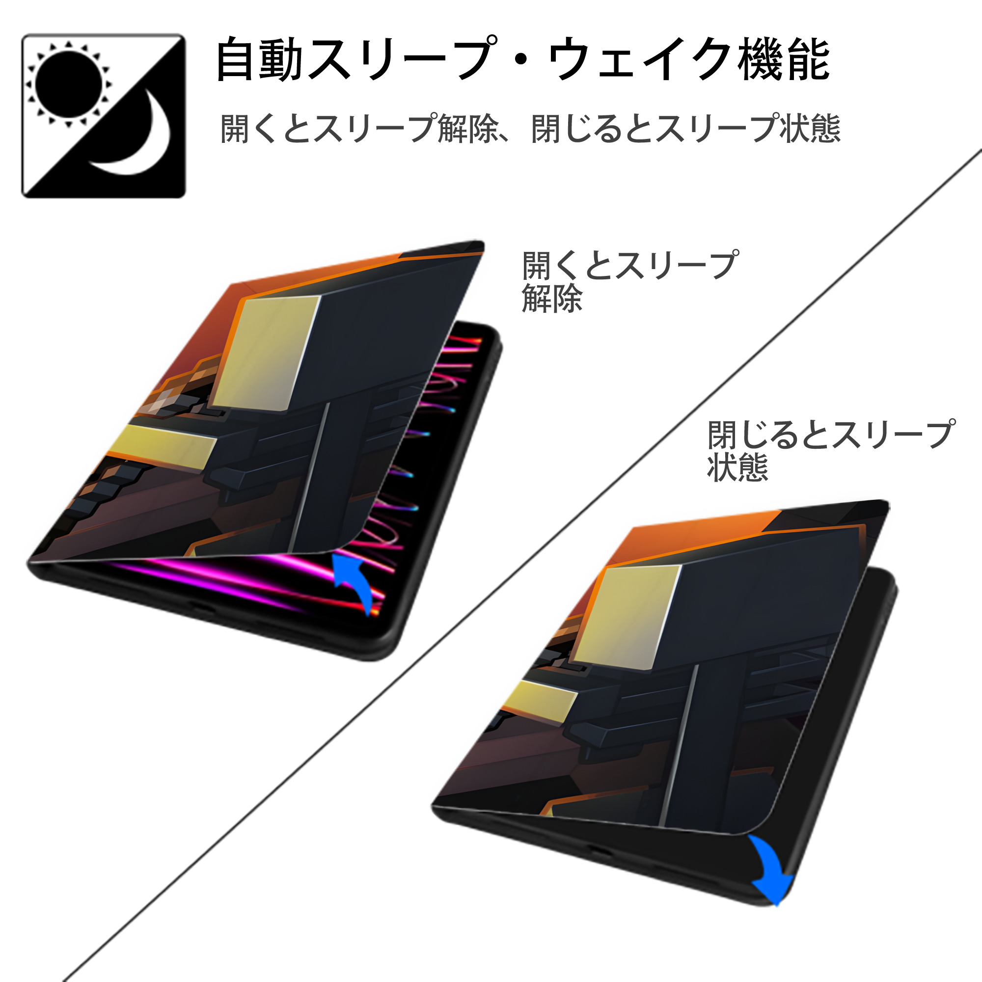 マインクラフト ブロックの世界 Minecraft MC Block world IPadケース ペンホルダー付き ブックスタイルデザイン