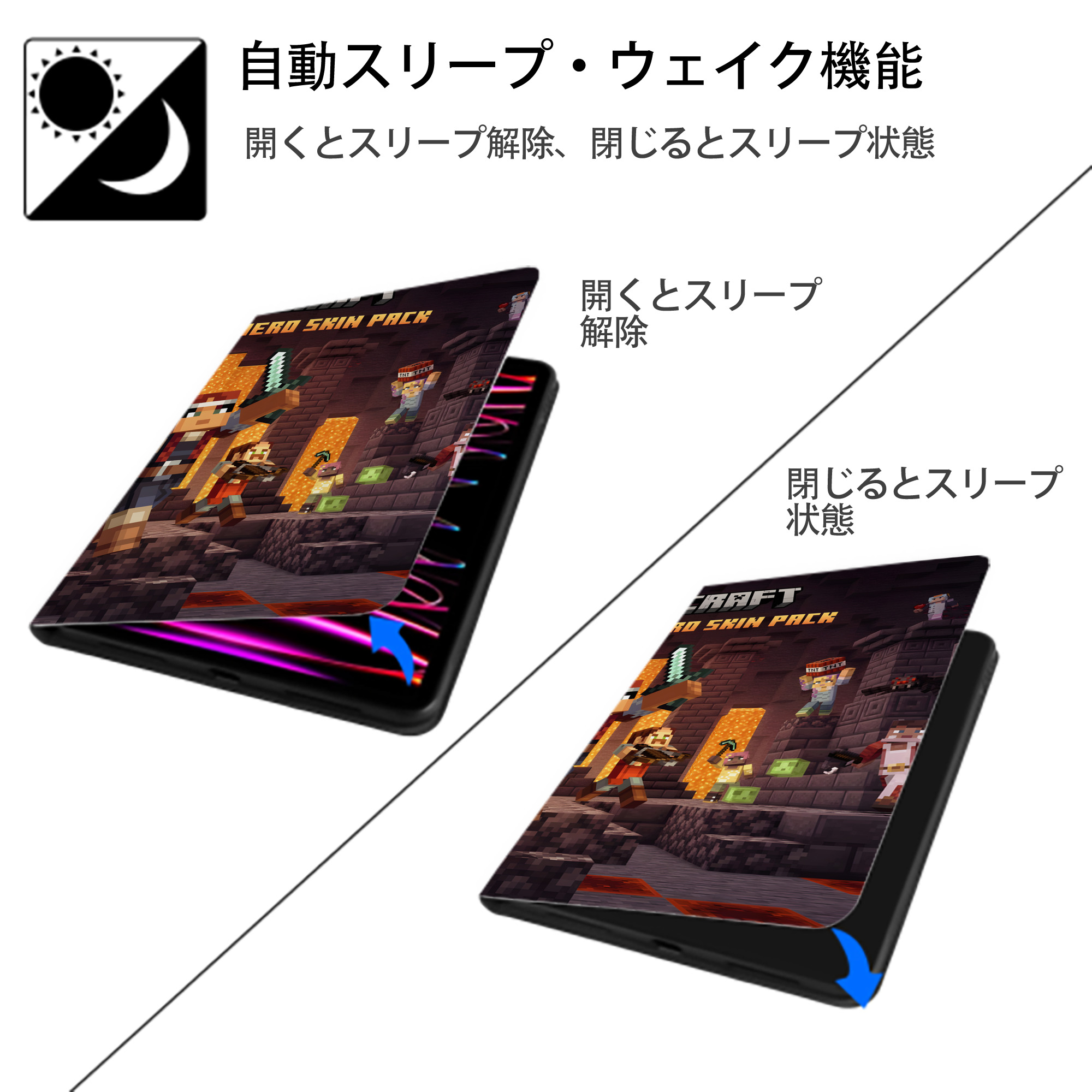 マインクラフト ブロックの世界 Minecraft MC Block world IPadケース ペンホルダー付き ブックスタイルデザイン
