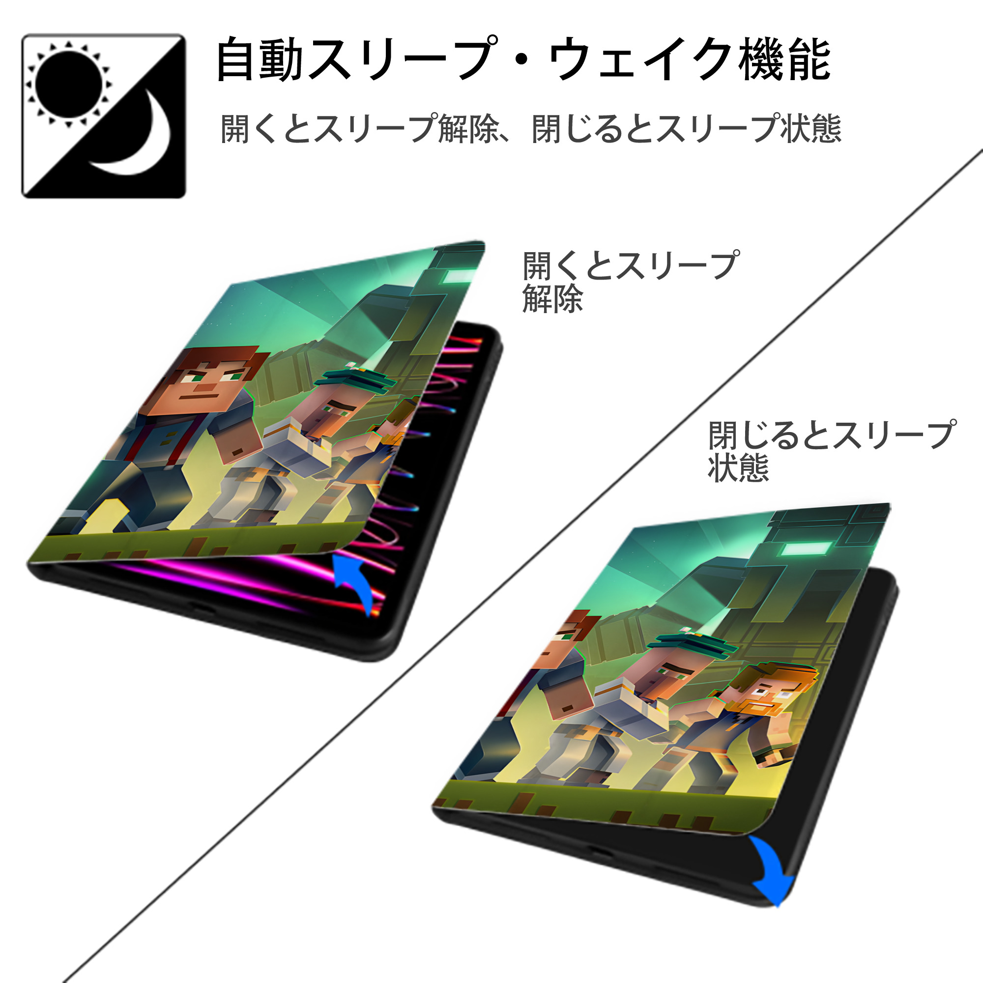 マインクラフト ブロックの世界 Minecraft MC Block world IPadケース ペンホルダー付き ブックスタイルデザイン
