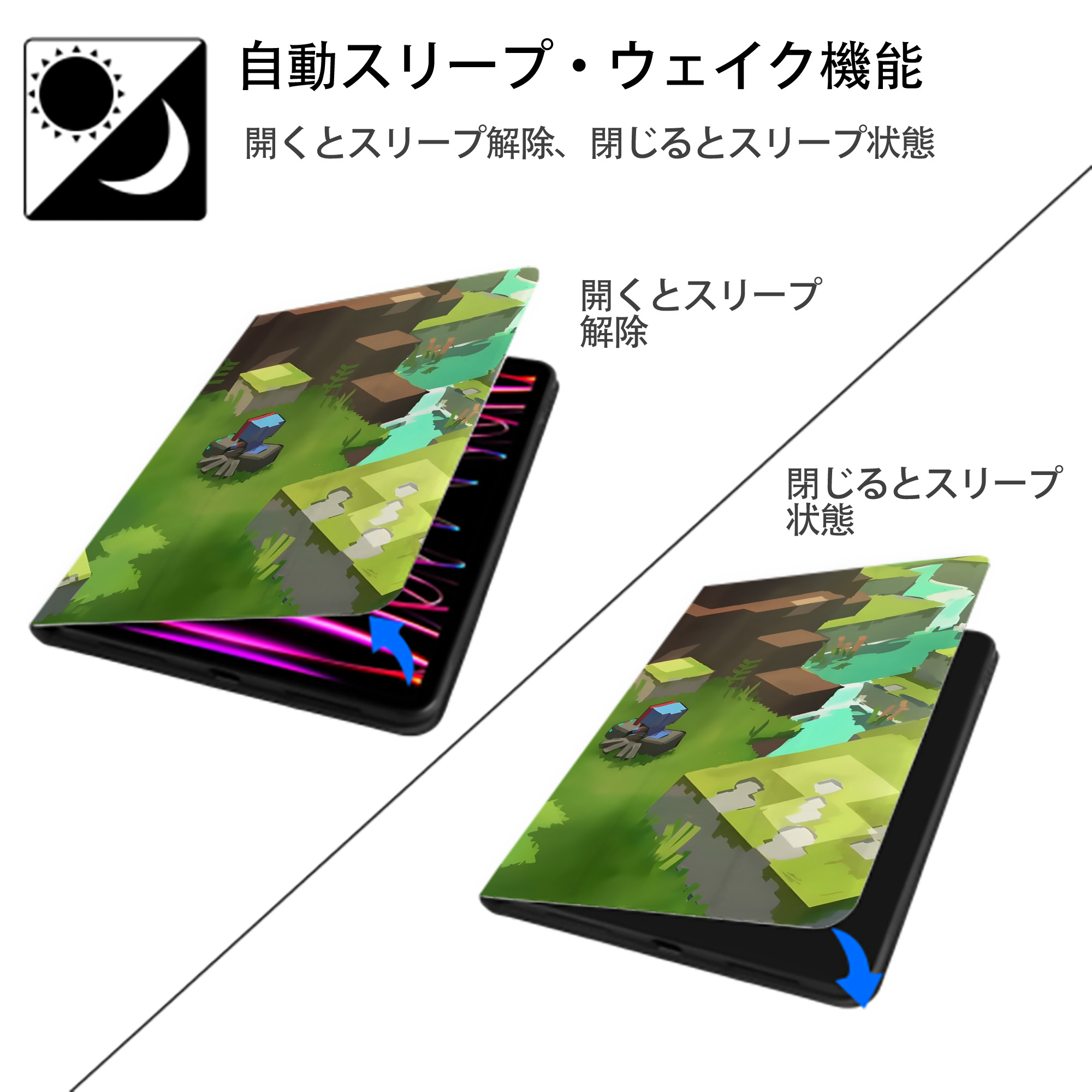 マインクラフト ブロックの世界 Minecraft MC Block world IPadケース ペンホルダー付き ブックスタイルデザイン