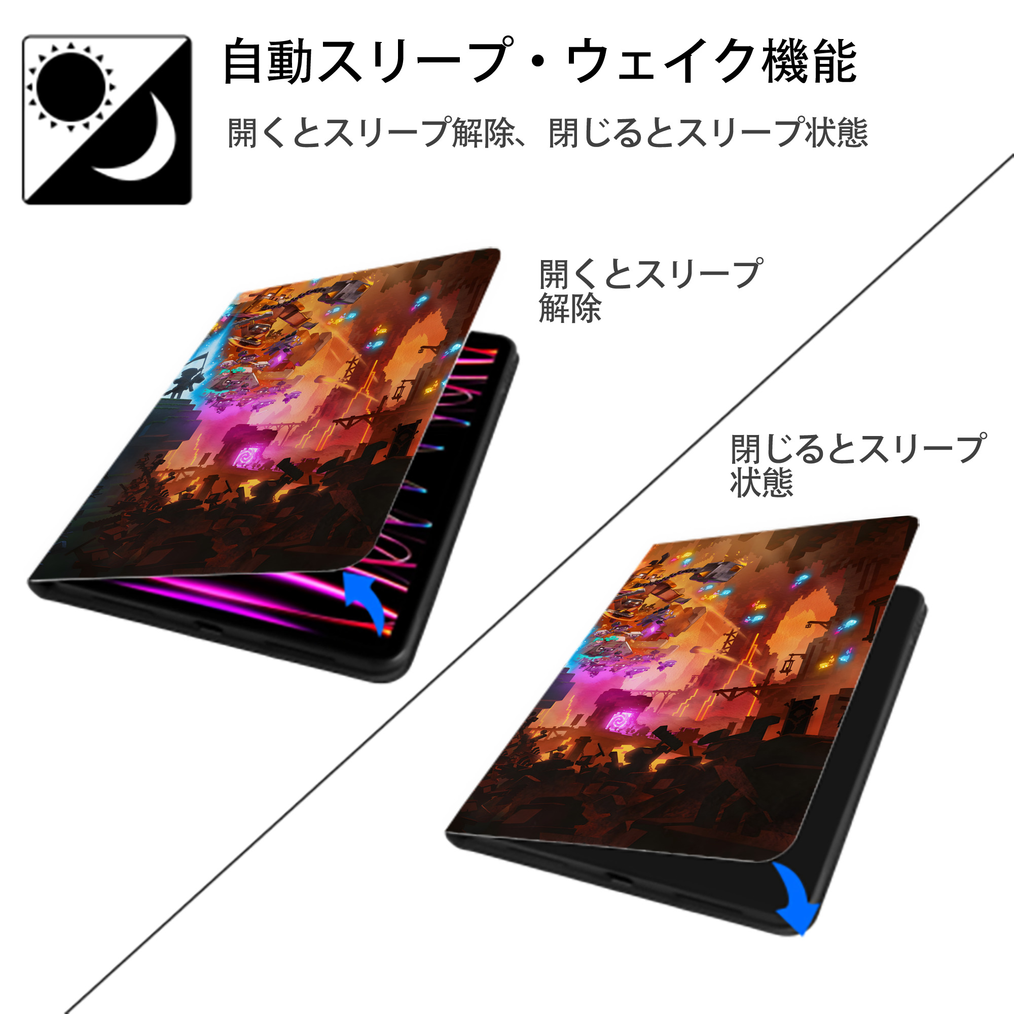 マインクラフト ブロックの世界 Minecraft MC Block world IPadケース ペンホルダー付き ブックスタイルデザイン