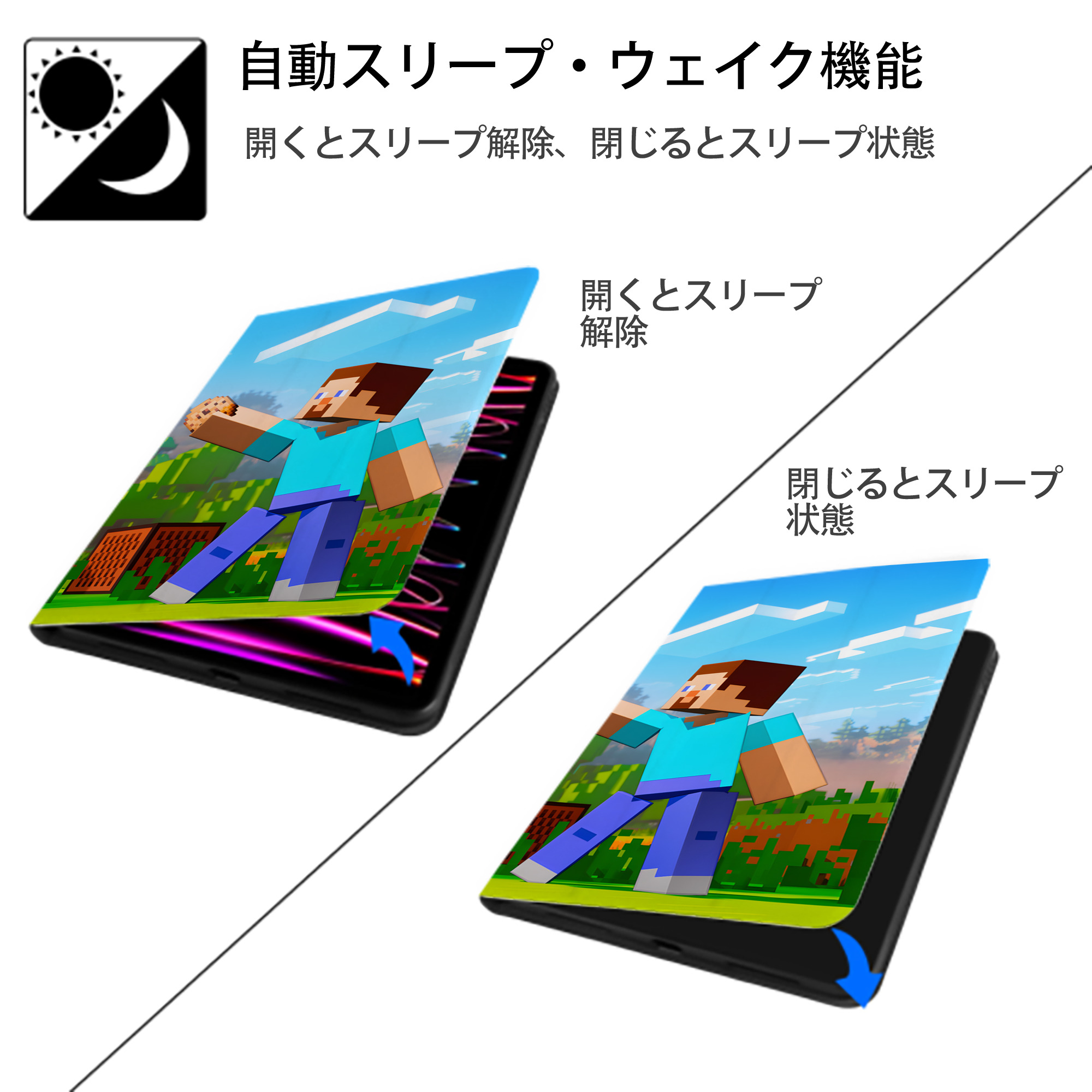 マインクラフト ブロックの世界 Minecraft MC Block world IPadケース ペンホルダー付き ブックスタイルデザイン