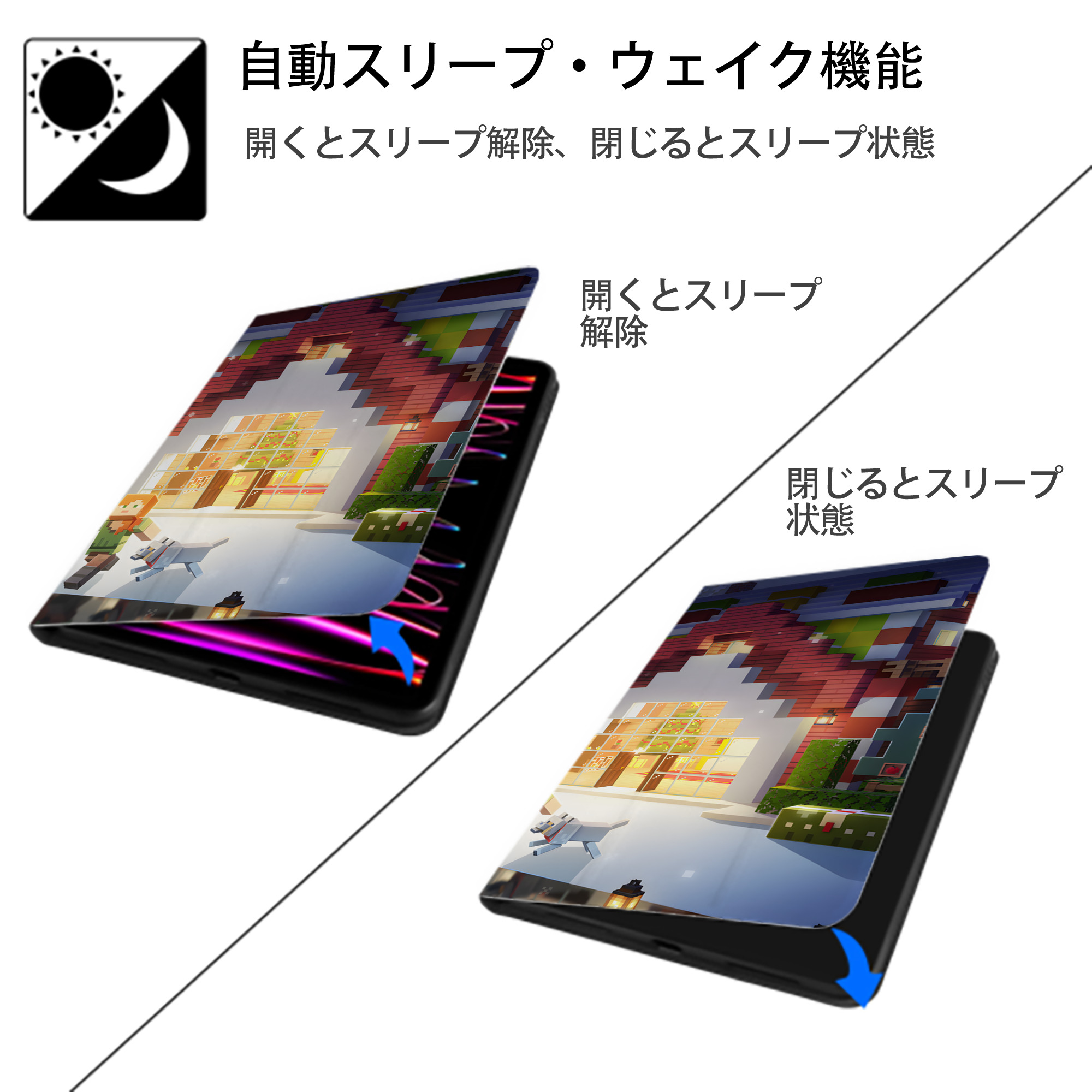 マインクラフト ブロックの世界 Minecraft MC Block world IPadケース ペンホルダー付き ブックスタイルデザイン