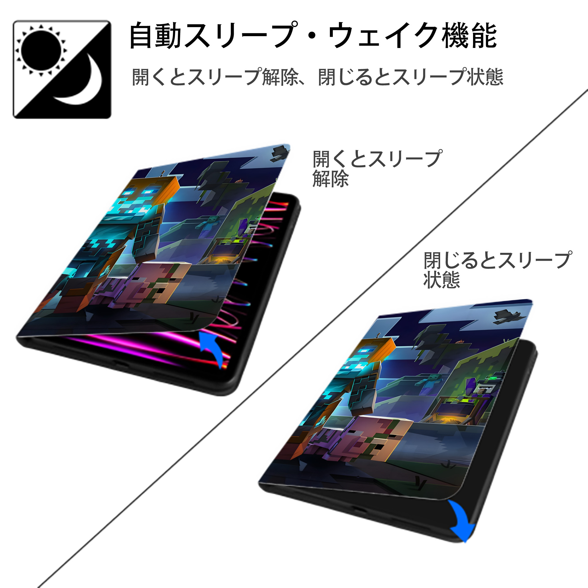 マインクラフト ブロックの世界 Minecraft MC Block world IPadケース ペンホルダー付き ブックスタイルデザイン