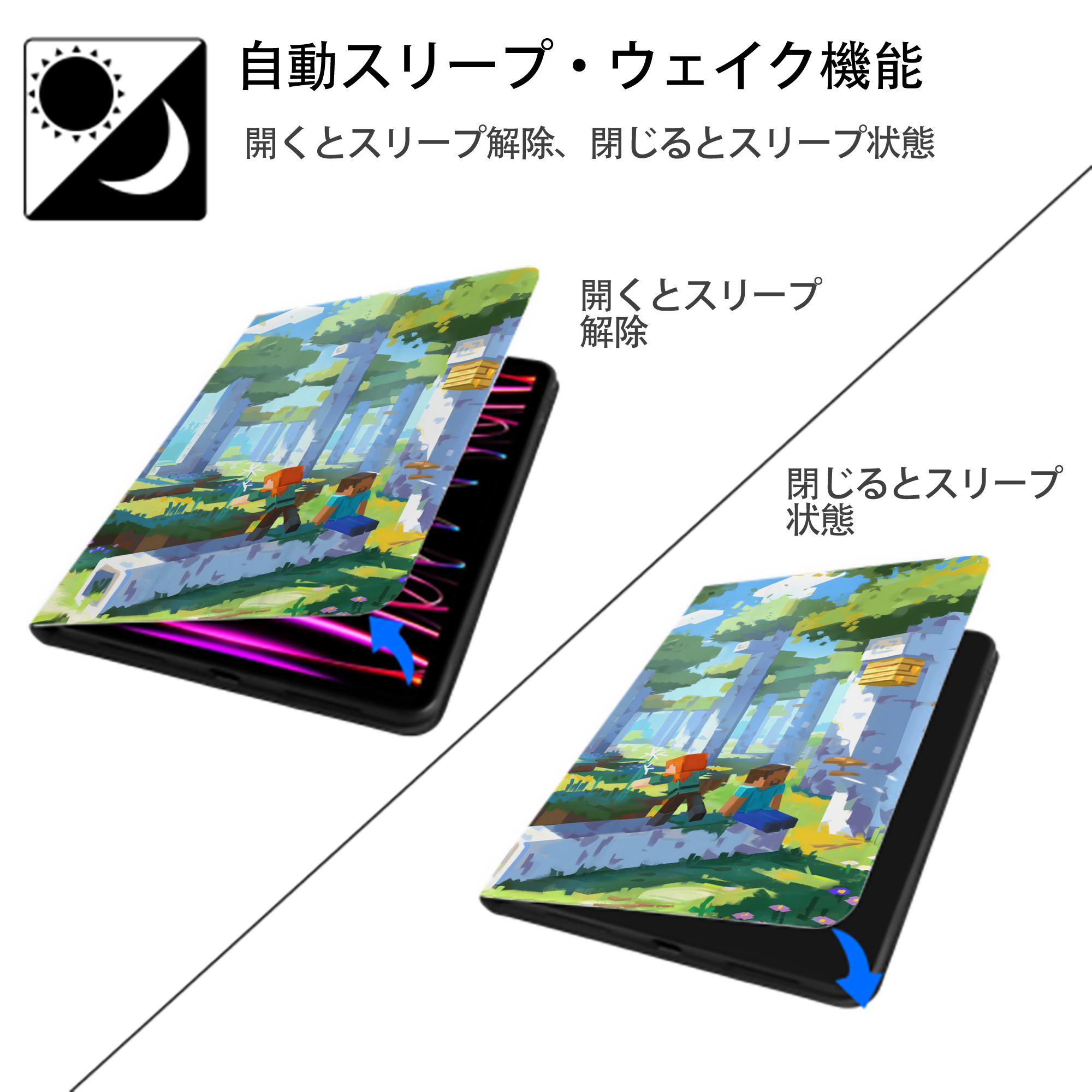 マインクラフト ブロックの世界 Minecraft MC Block world IPadケース ペンホルダー付き ブックスタイルデザイン