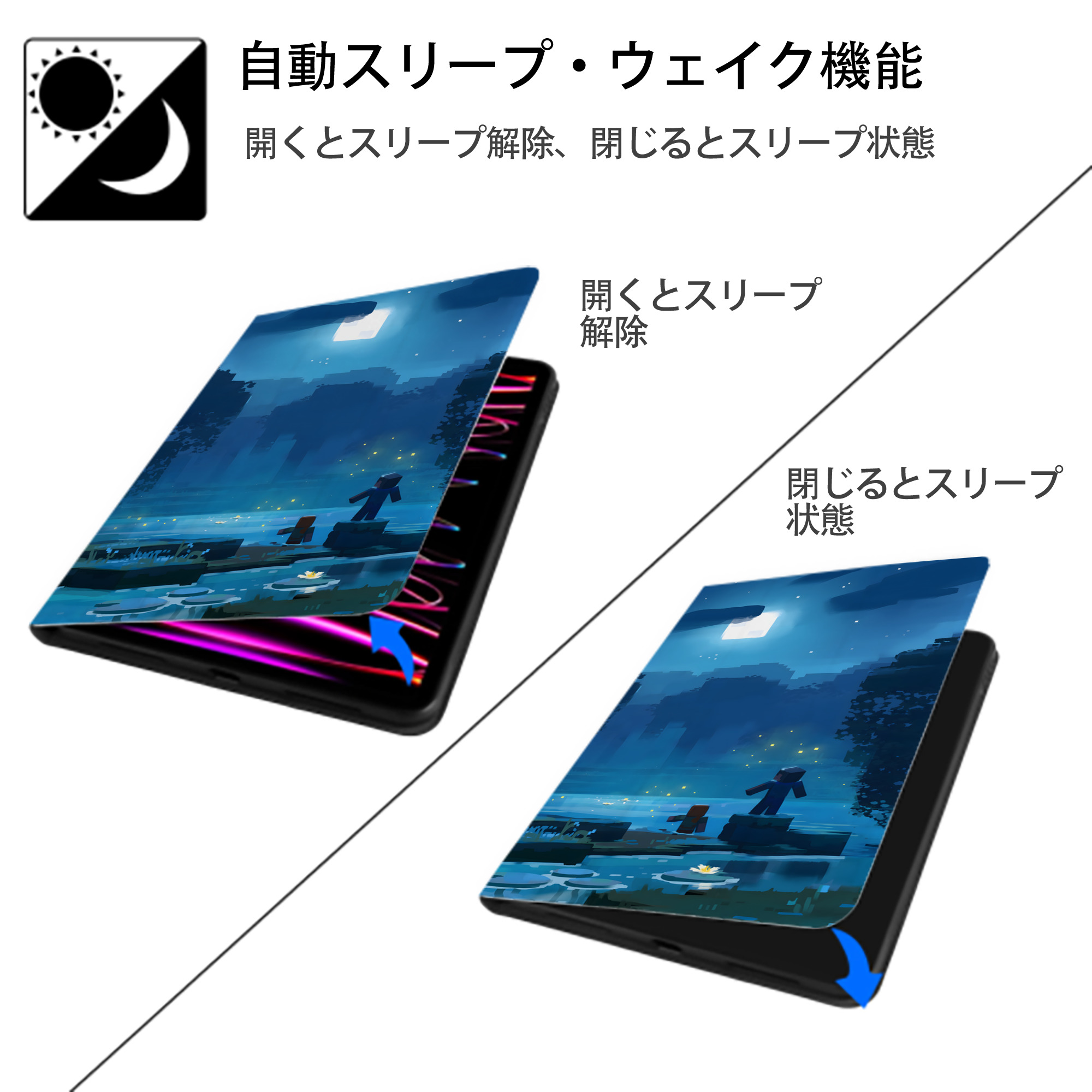 マインクラフト ブロックの世界 Minecraft MC Block world IPadケース ペンホルダー付き ブックスタイルデザイン