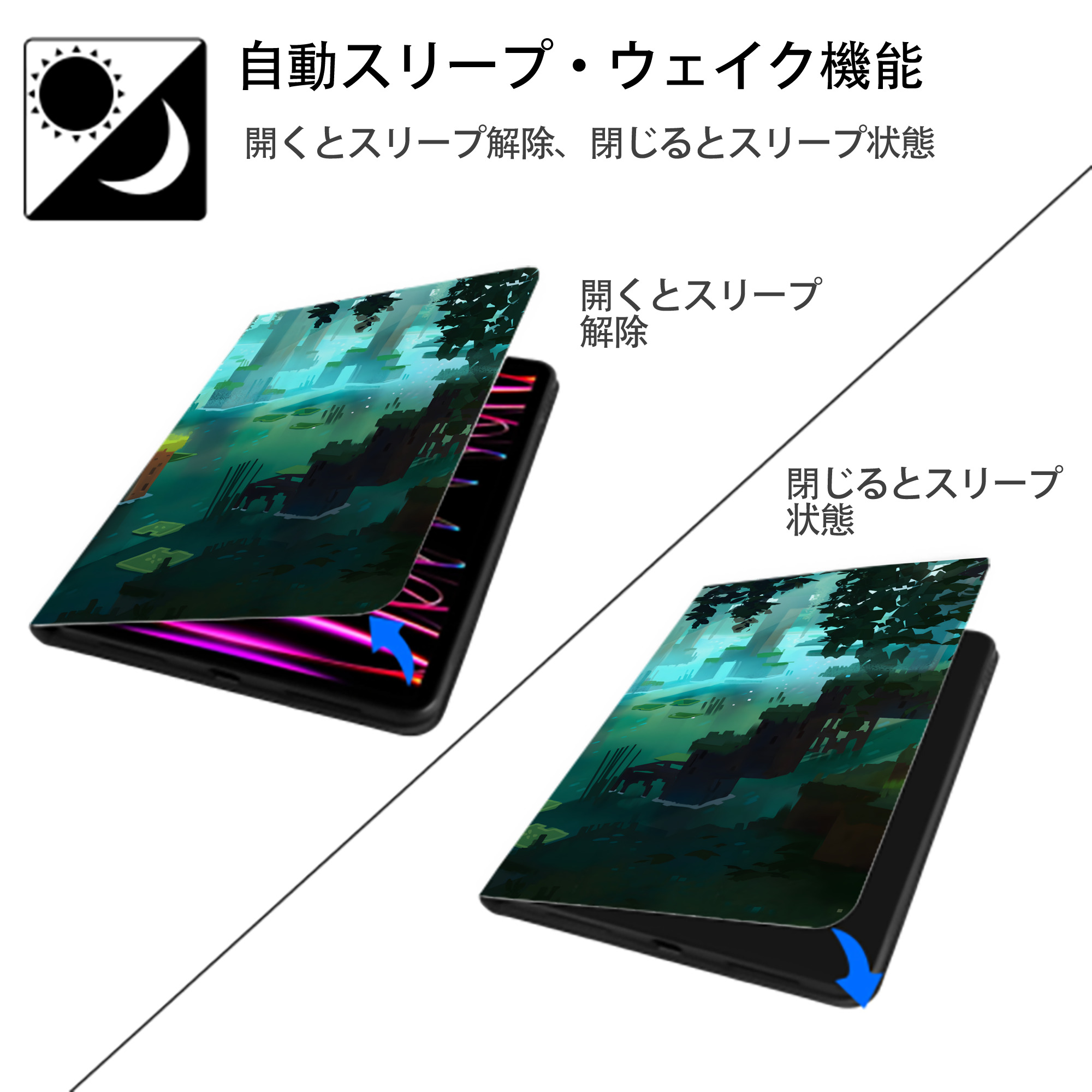 マインクラフト ブロックの世界 Minecraft MC Block world IPadケース ペンホルダー付き ブックスタイルデザイン